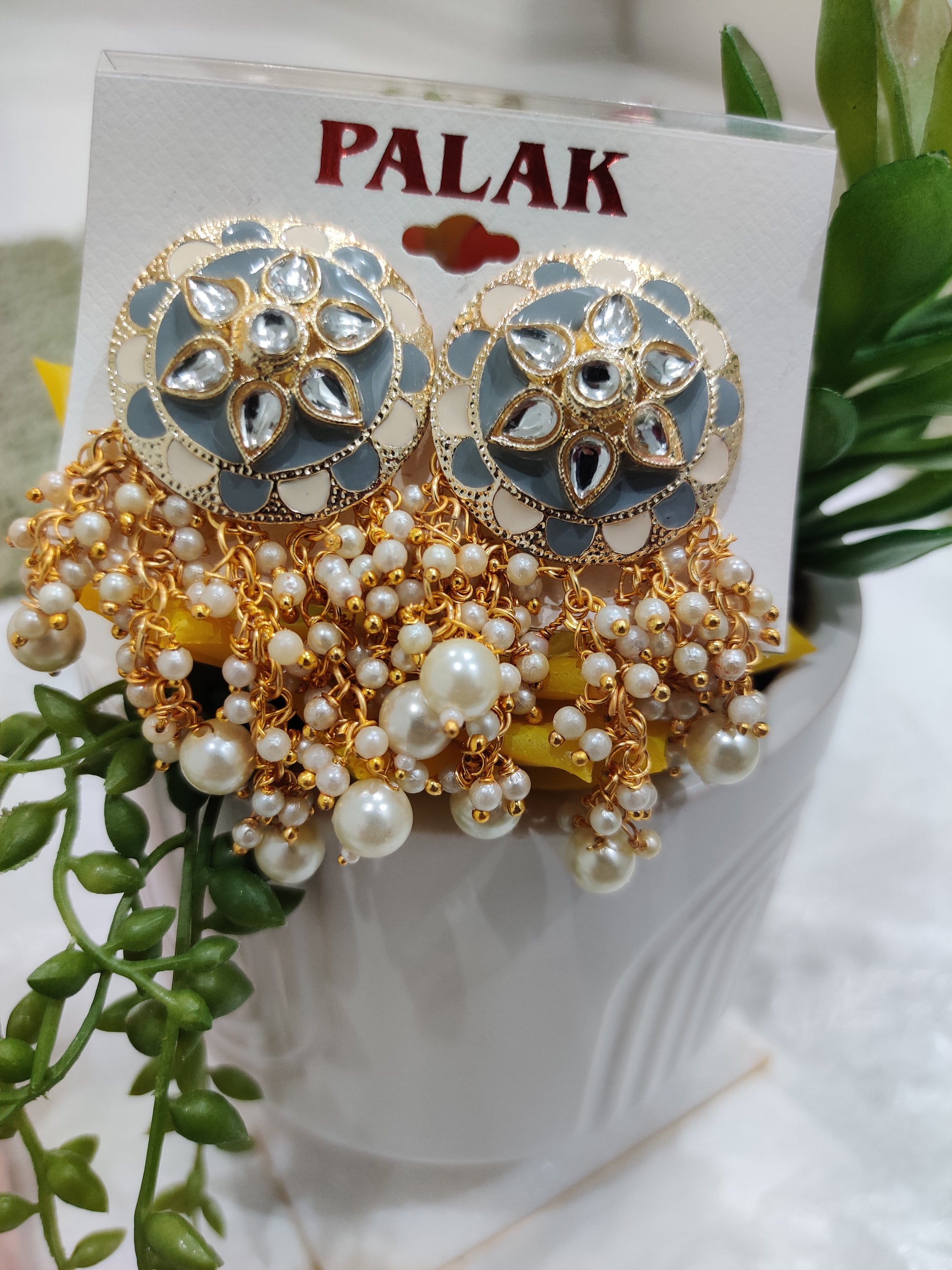 Grey Kundan Stud Earrings with Pearl Drops