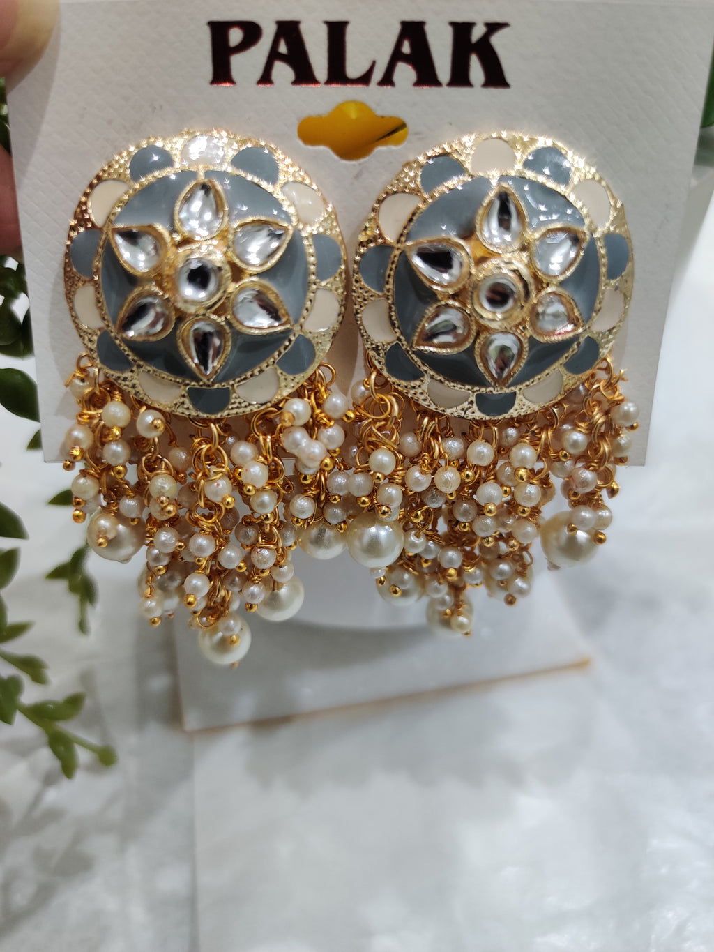 Grey Kundan Stud Earrings with Pearl Drops
