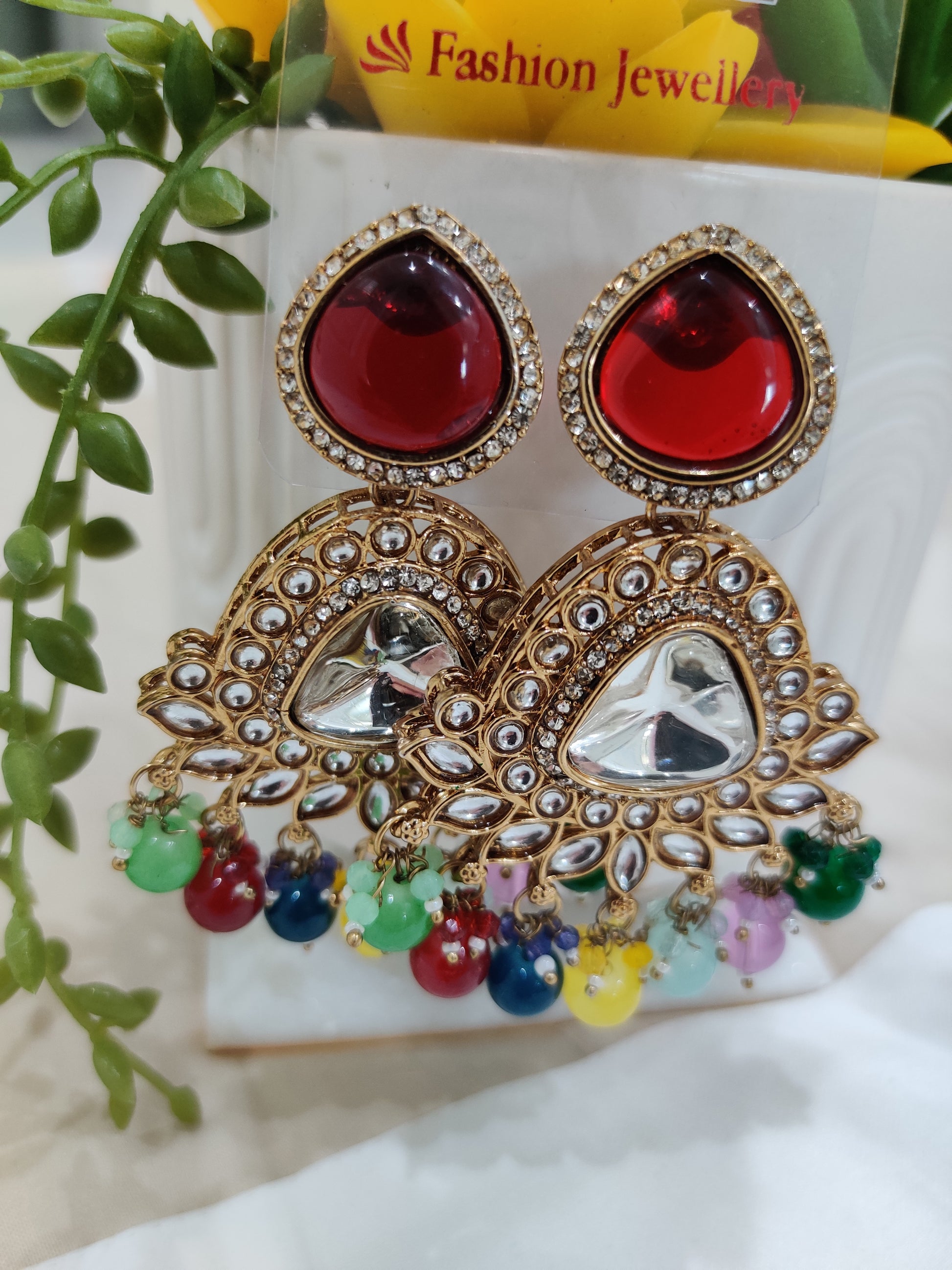 Kundan Fan‑Drop Earrings – Gold &amp; Multicolor