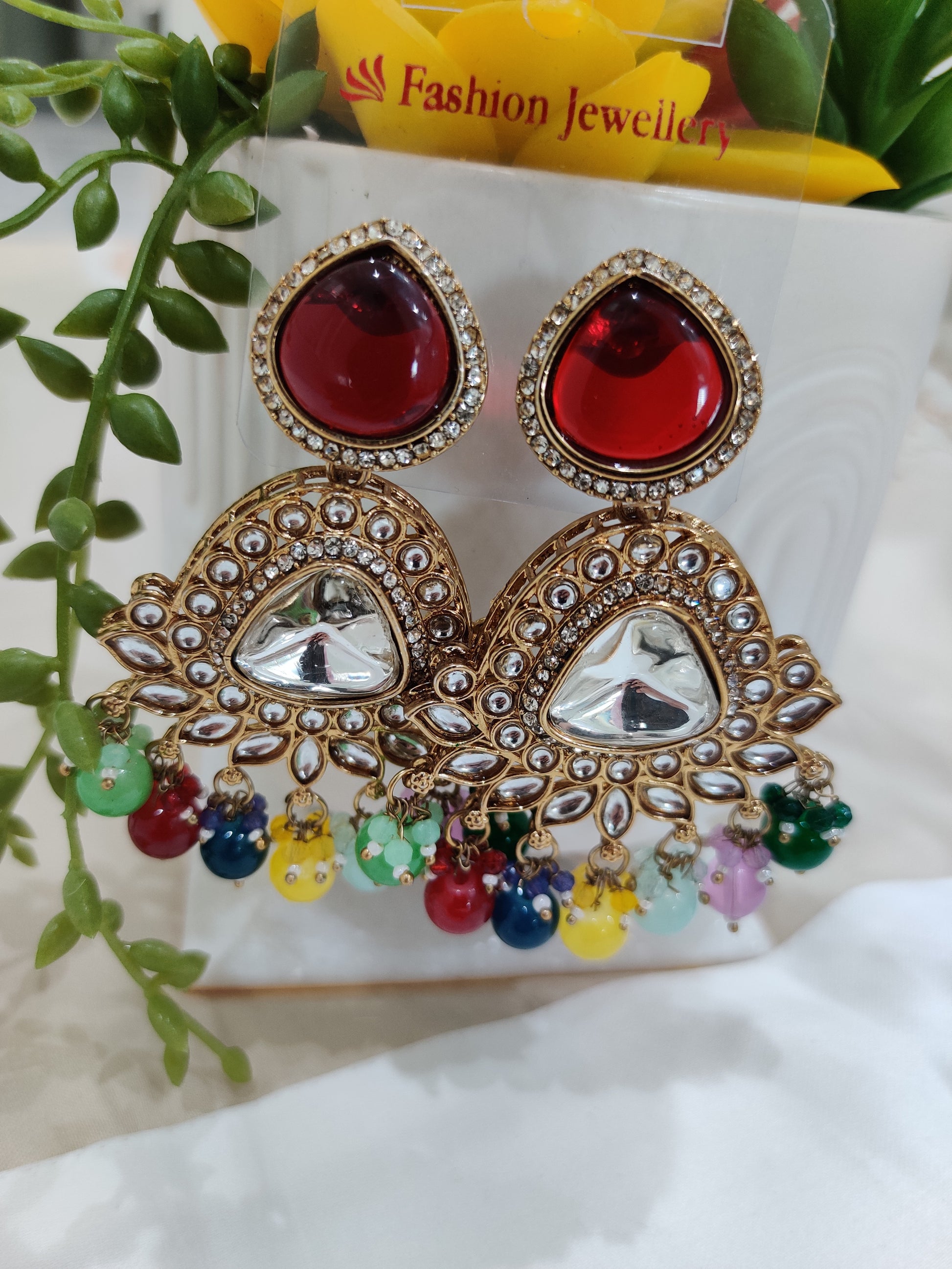 Kundan Fan‑Drop Earrings – Gold &amp; Multicolor