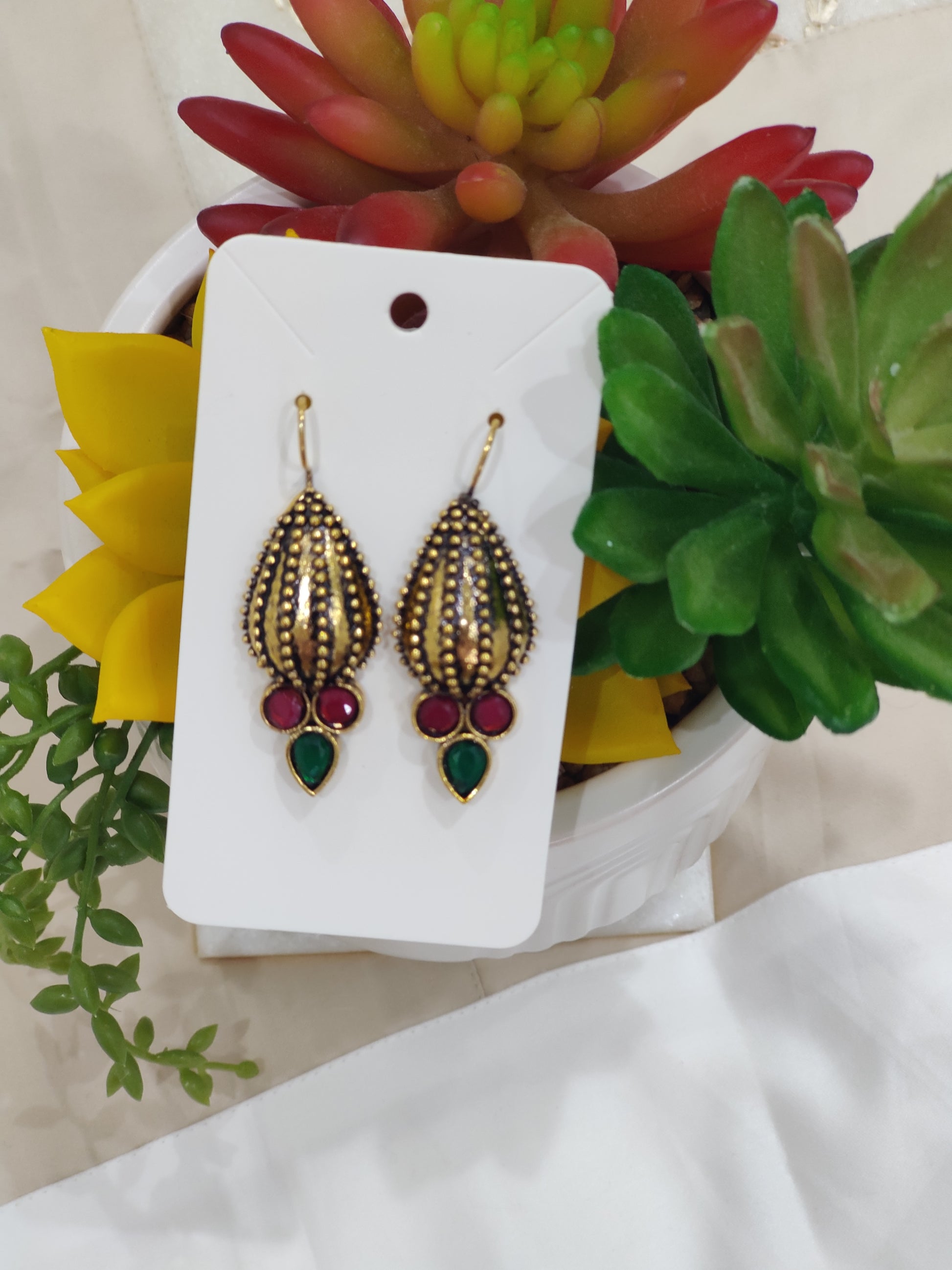 Elegant Antique Gold Drop Earrings with Gem Accents
