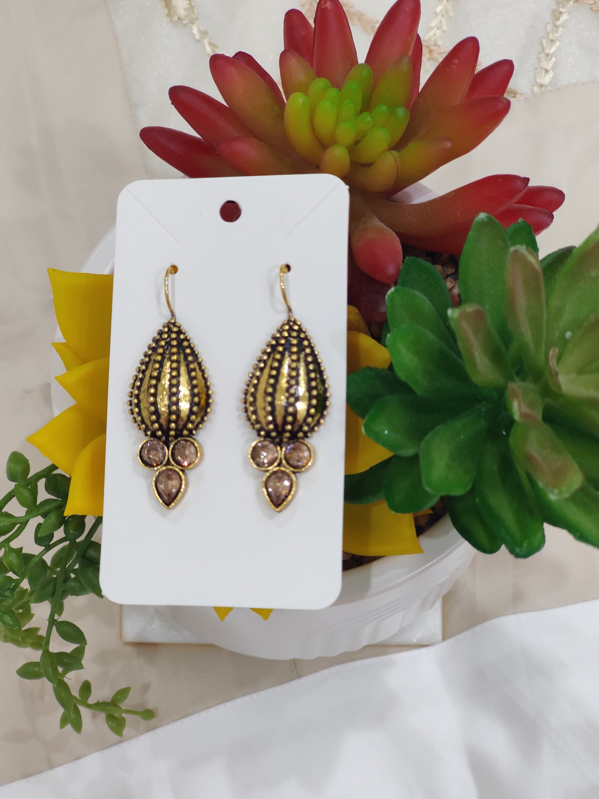 Elegant Antique Gold Drop Earrings with Gem Accents
