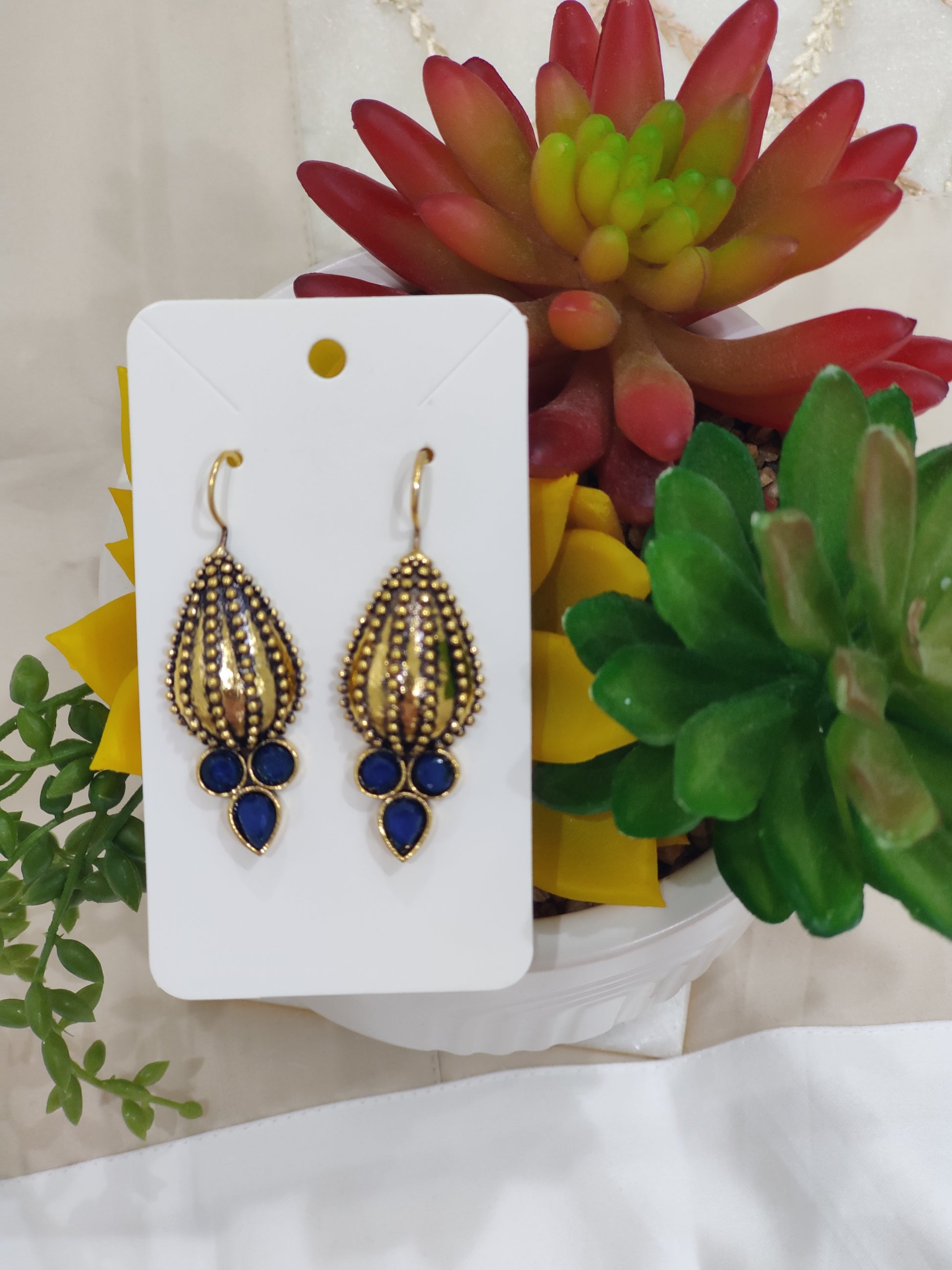 Elegant Antique Gold Drop Earrings with Gem Accents
