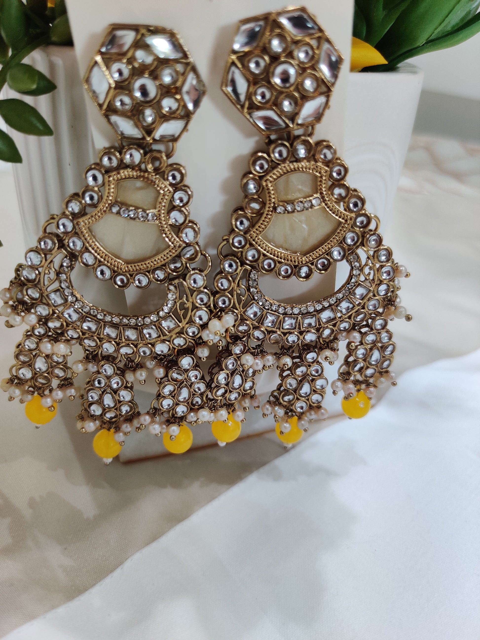 Luxurious Kundan Chandbali Earrings with Pearl and Bead Danglers