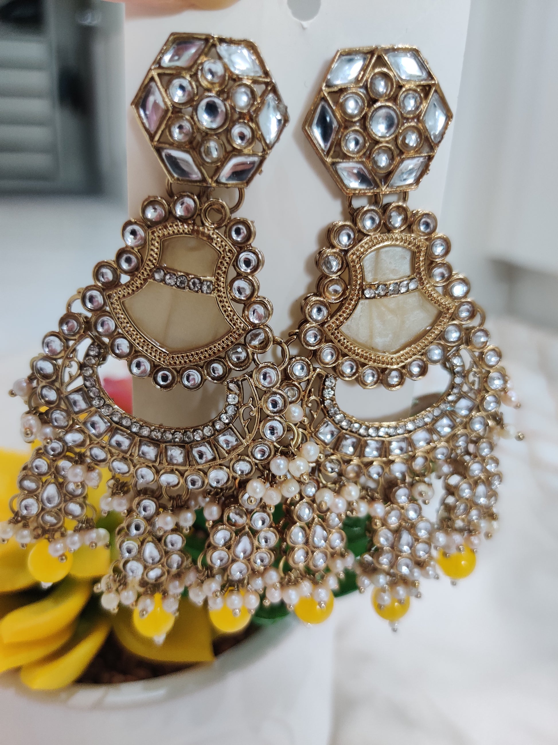 Luxurious Kundan Chandbali Earrings with Pearl and Bead Danglers