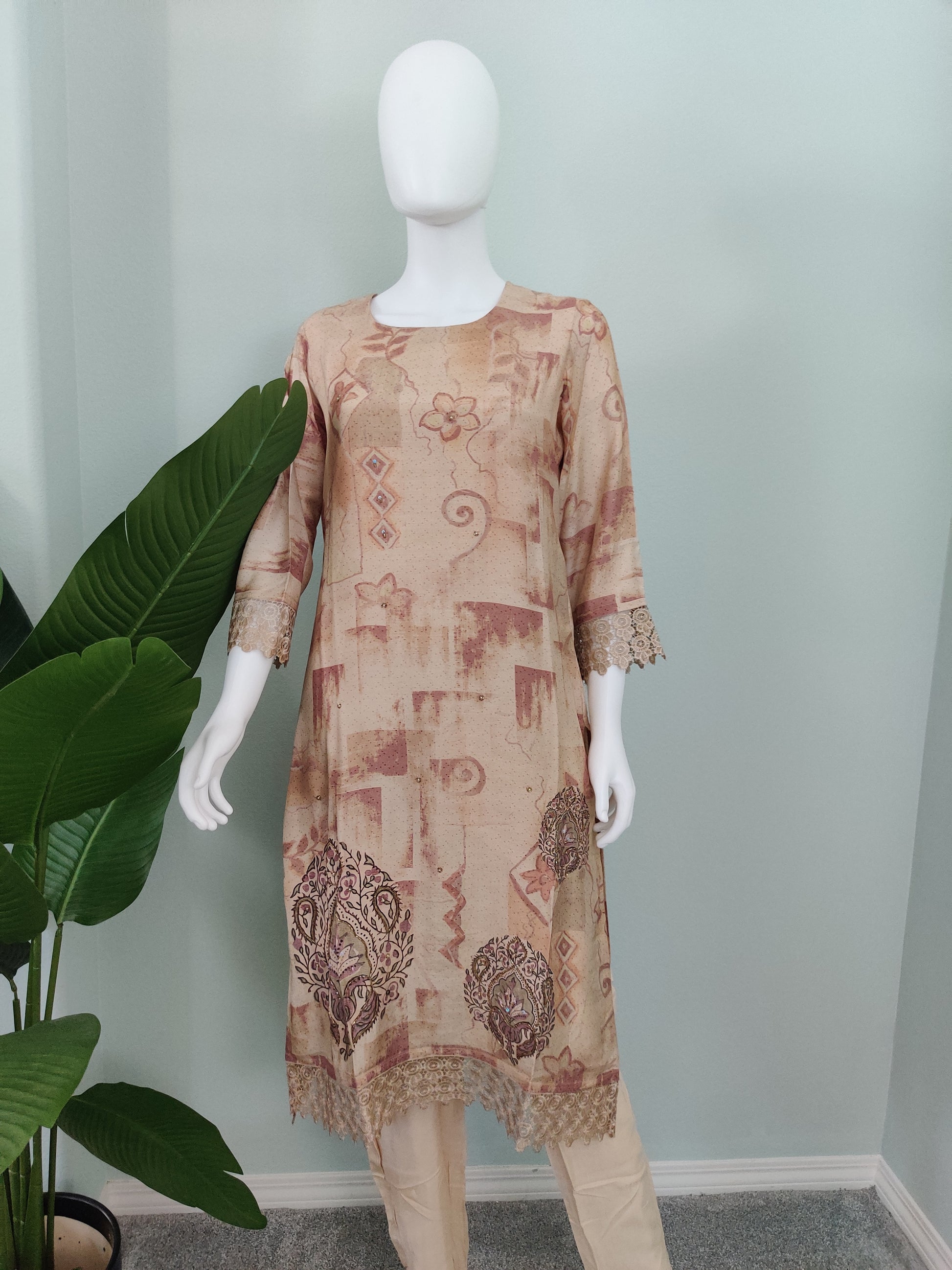 Embellished Muslin Silk Digital print beige color suit