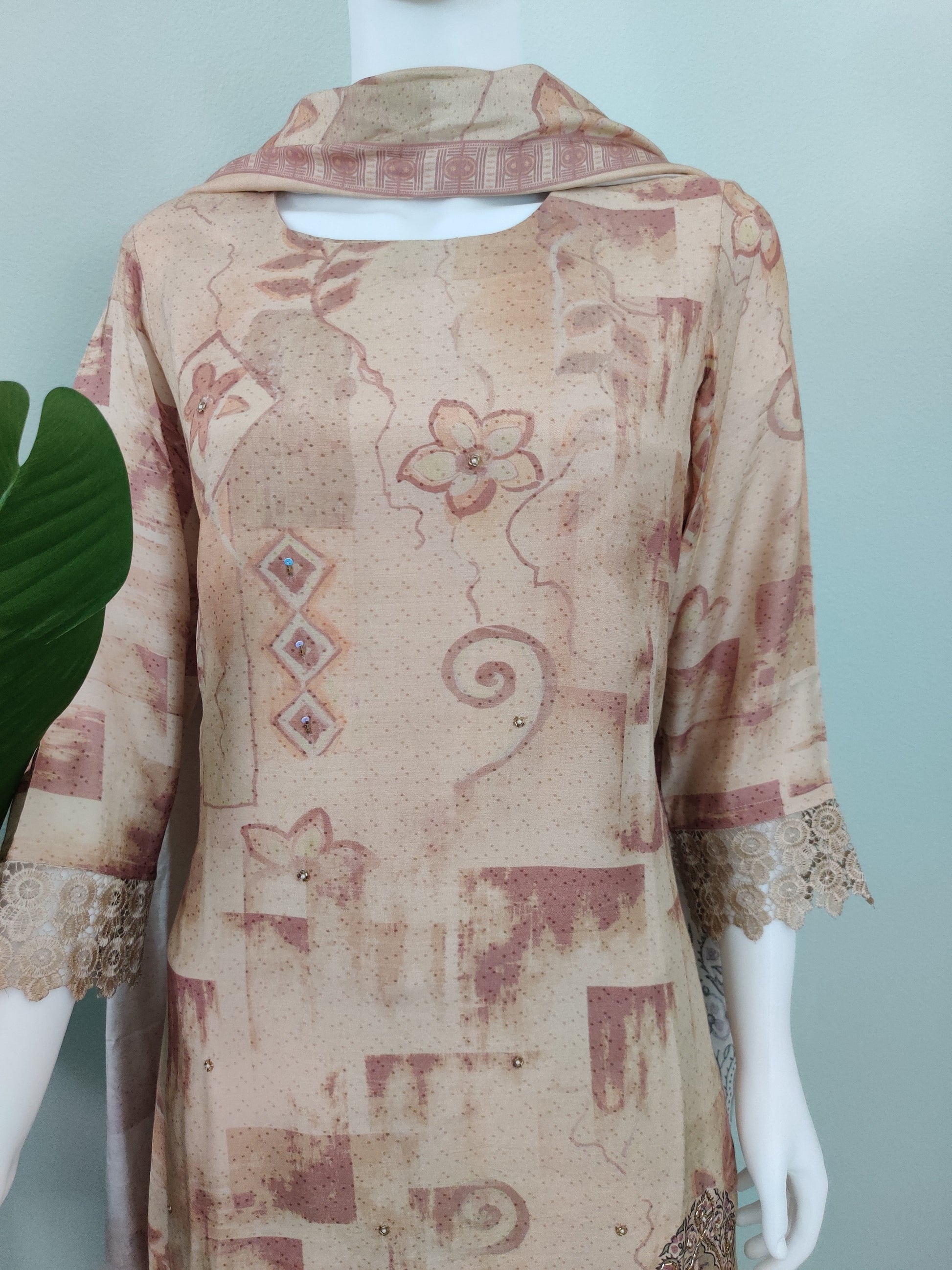 Embellished Muslin Silk Digital print beige color suit