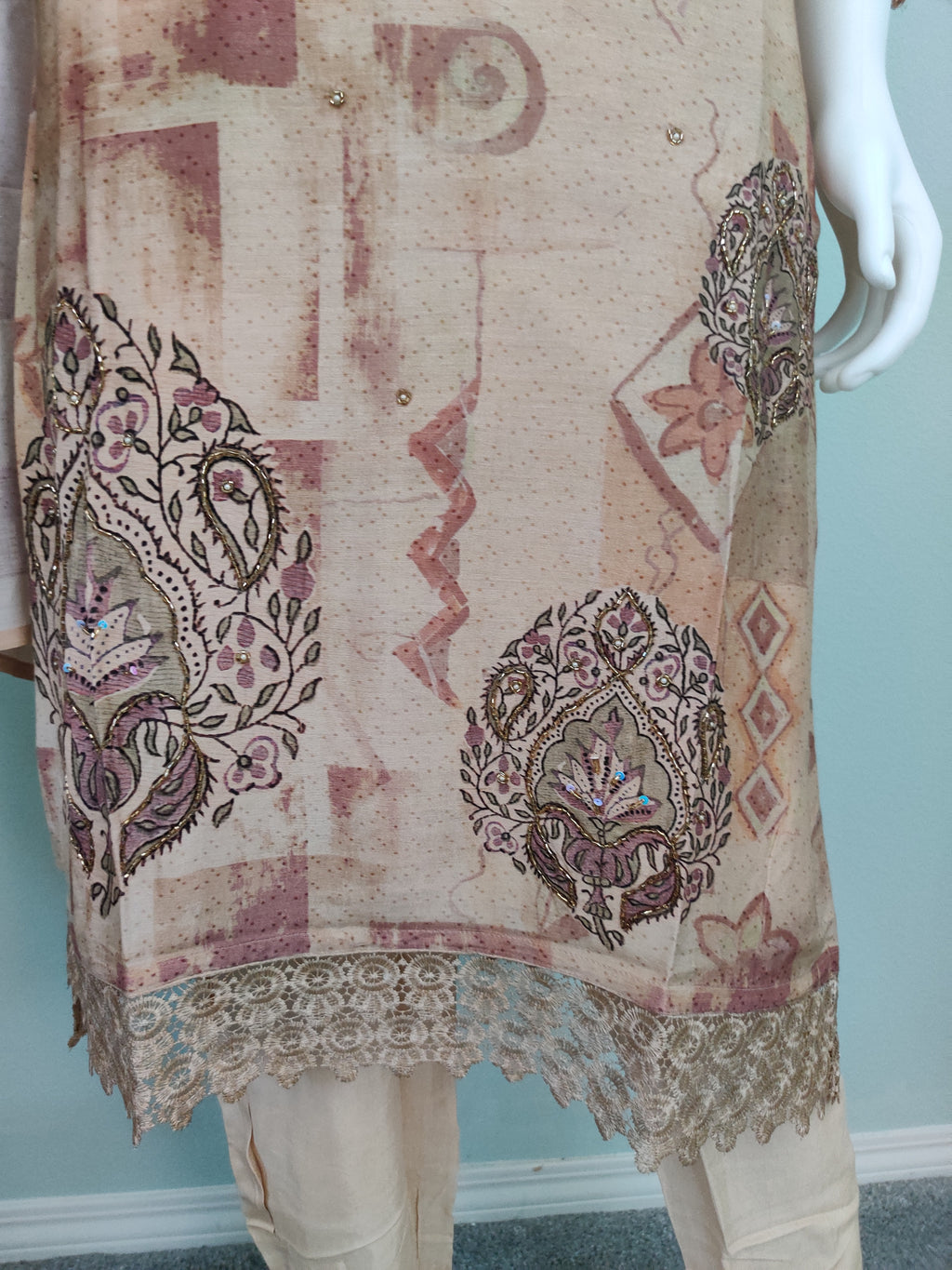 Embellished Muslin Silk Digital print beige color suit