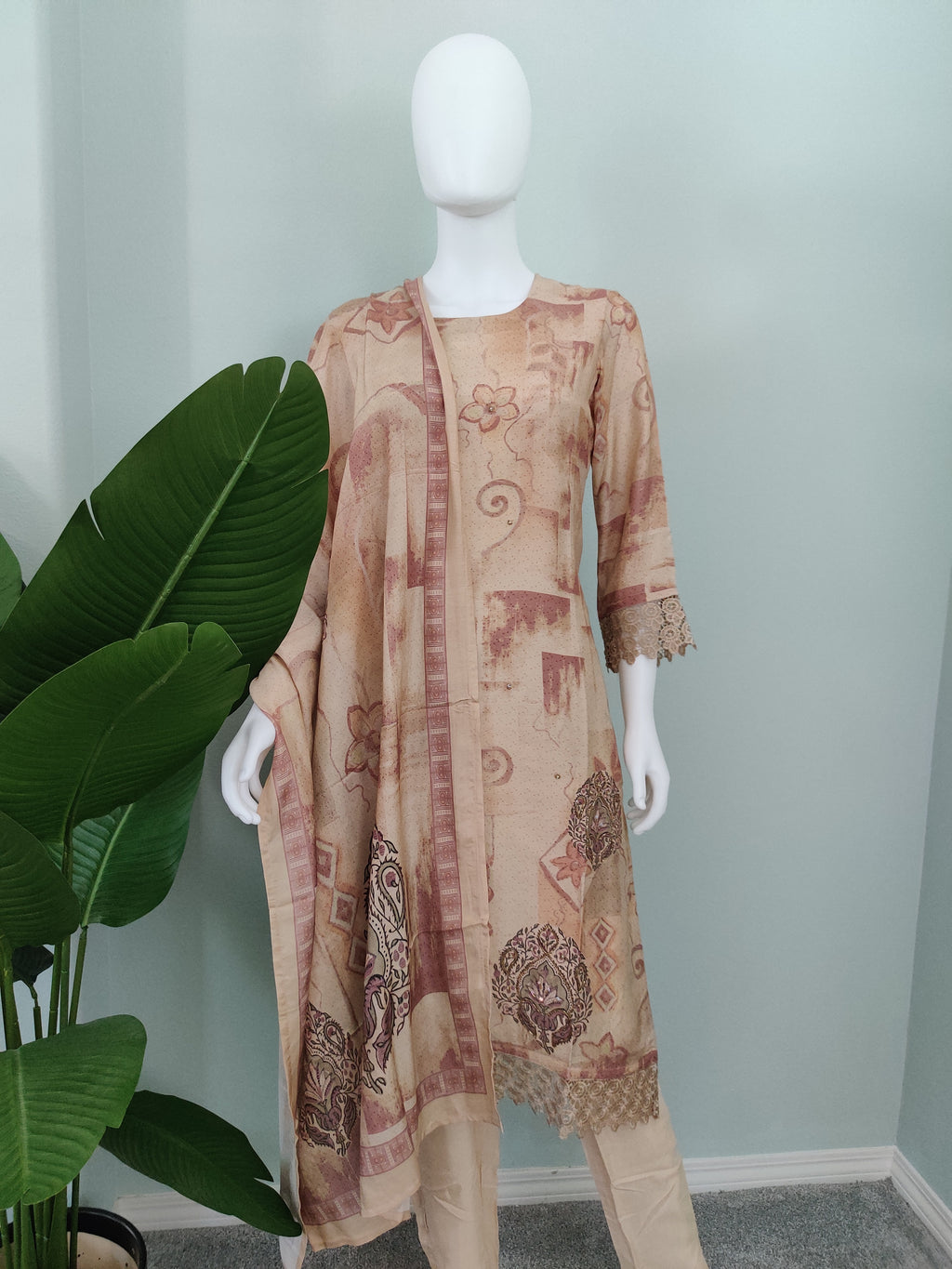 Embellished Muslin Silk Digital print beige color suit