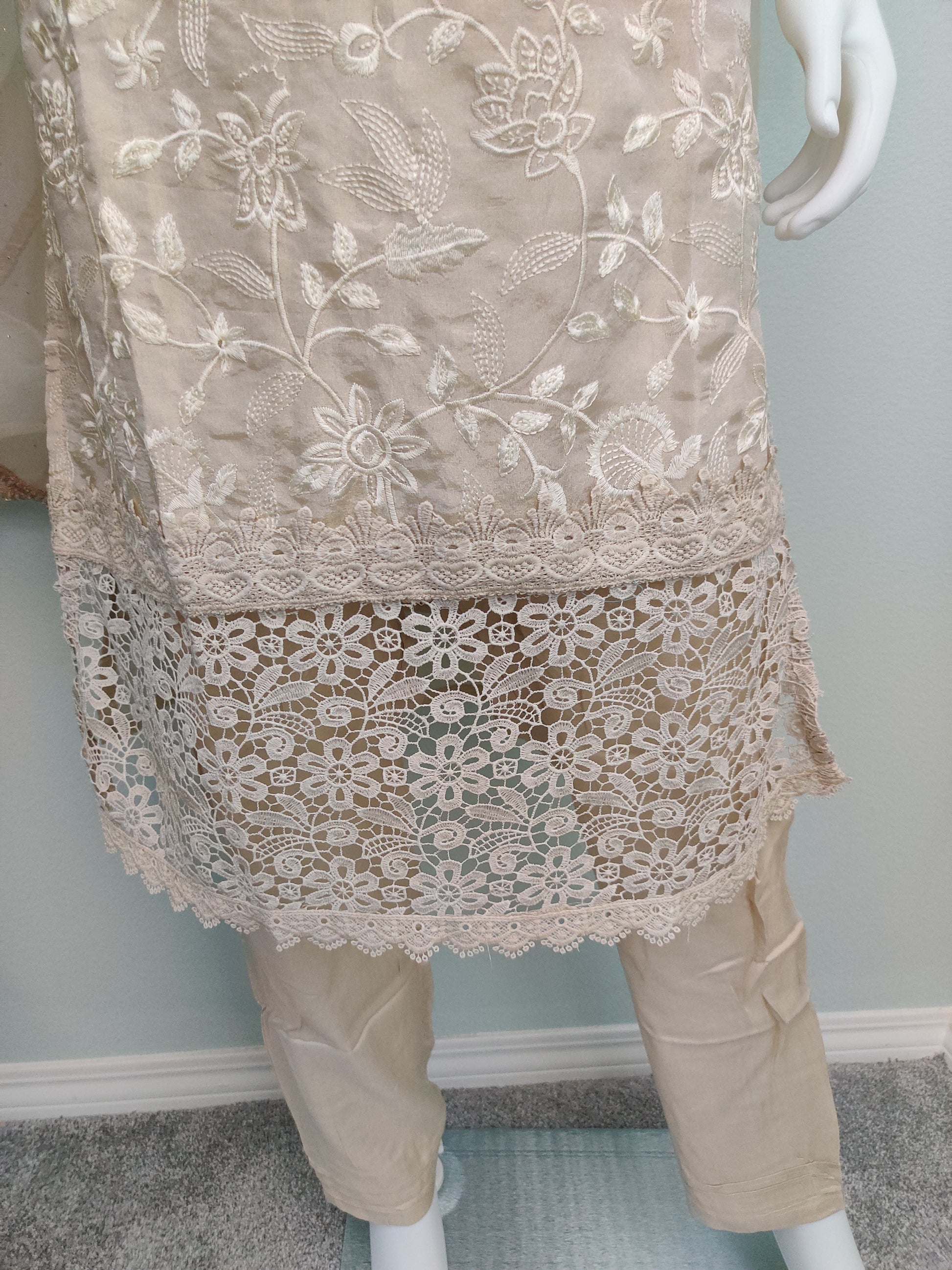 Fully Embroidered Organza beige color Party Wear Suit