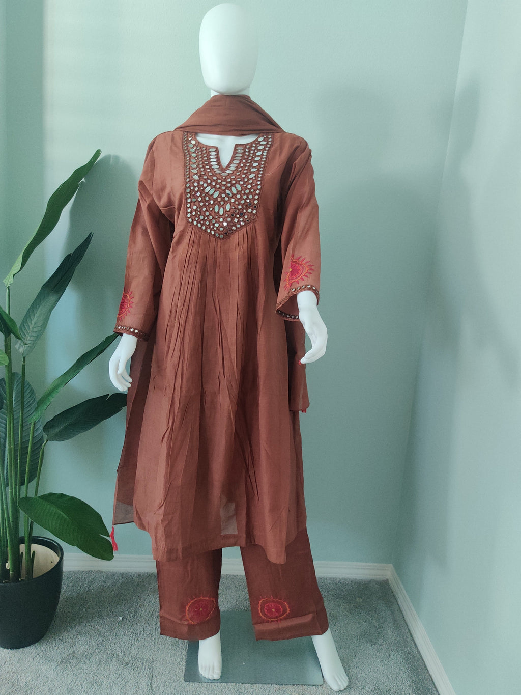 Elegant three piece Chocolate color A line Suit