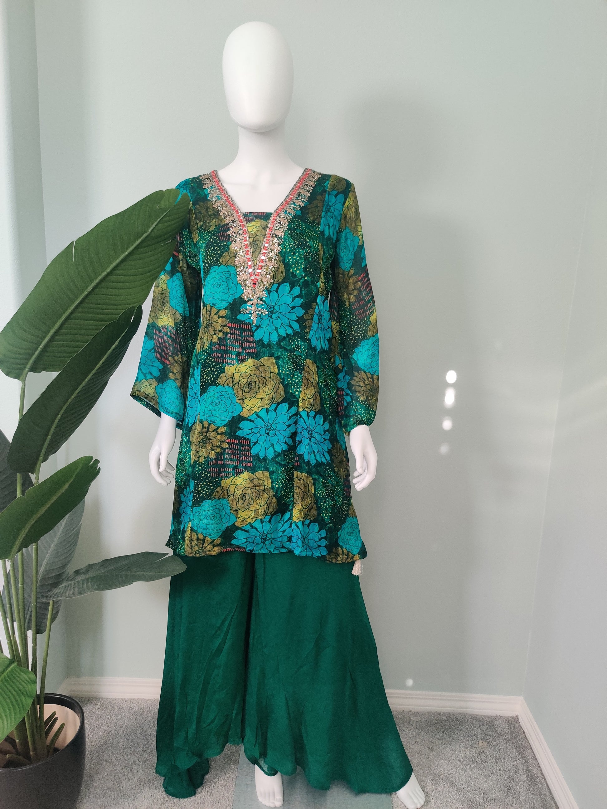 Printed Flared Plazzo Suit with Embroidered Neckline