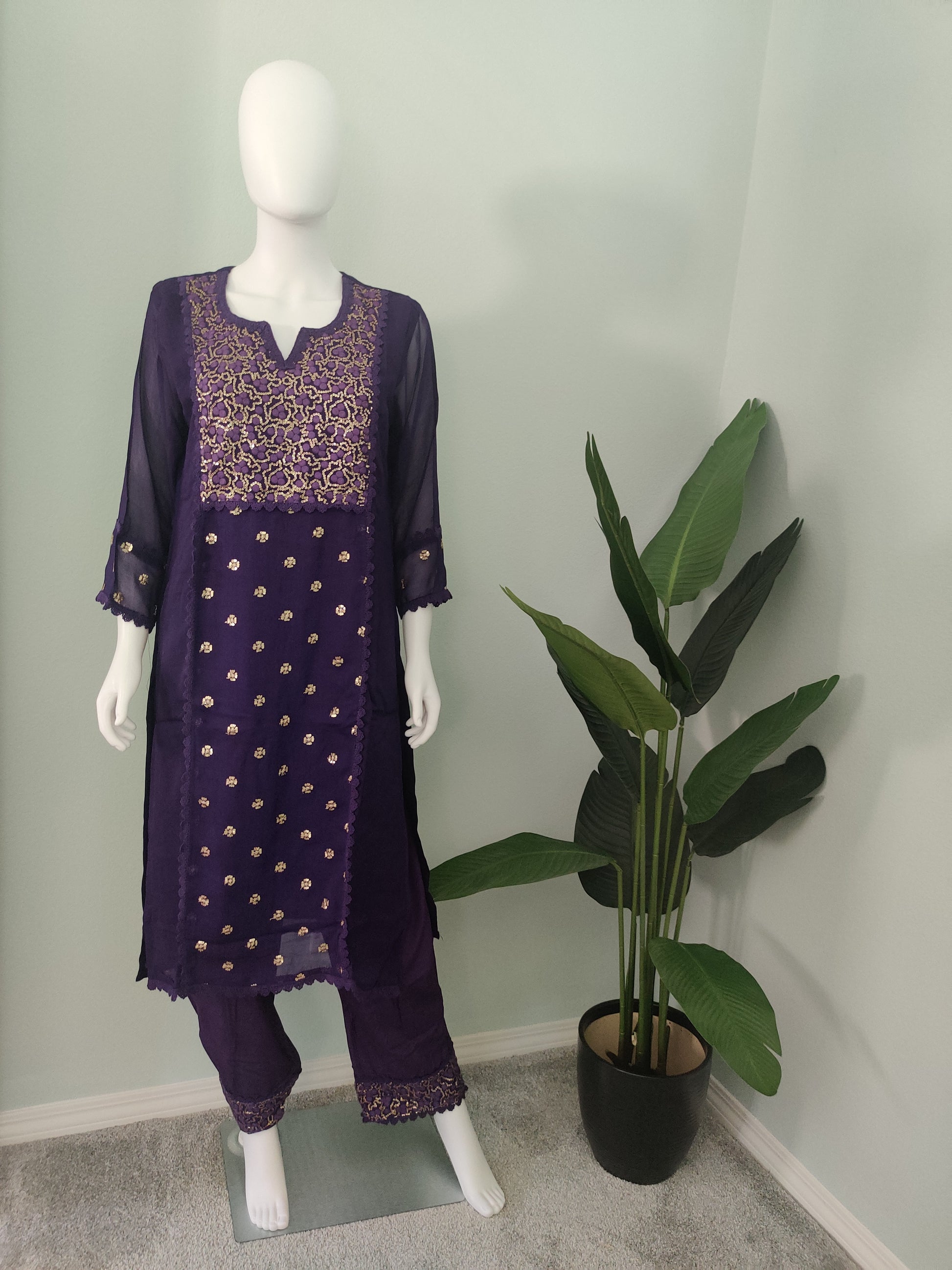 Regal Purple Georgette Ensemble with Antique Gold Embroidery