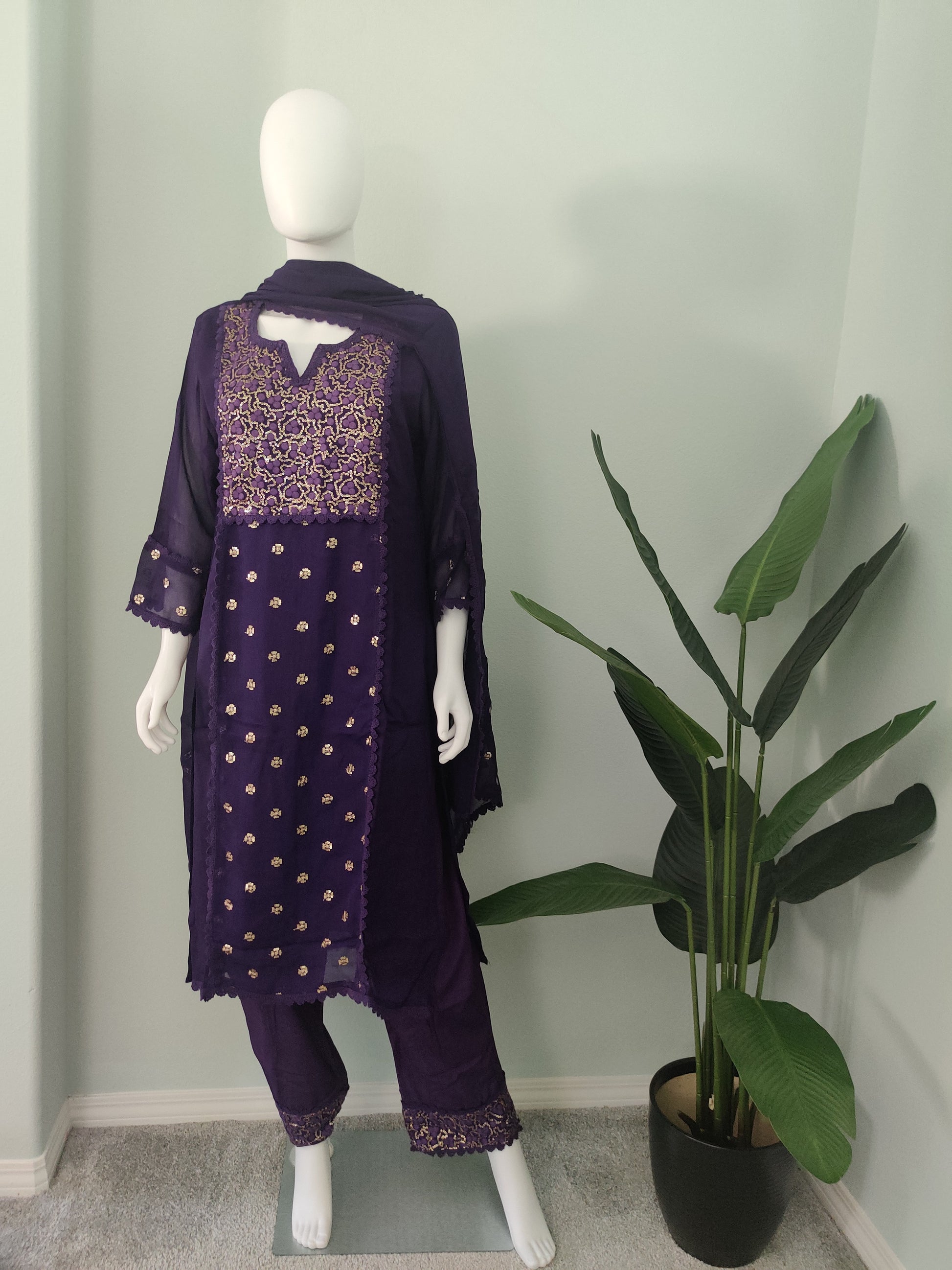 Regal Purple Georgette Ensemble with Antique Gold Embroidery