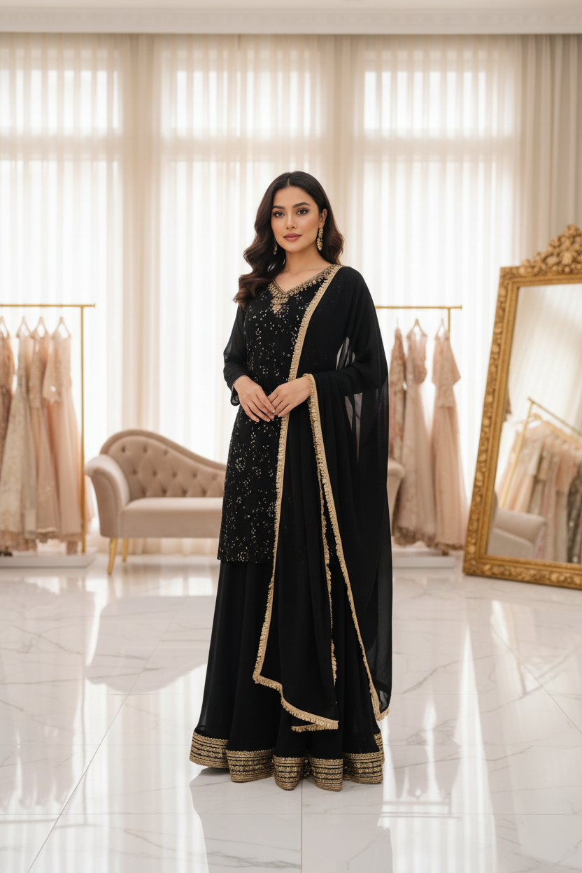 Midnight Grace Chikankari Palazzo Suit