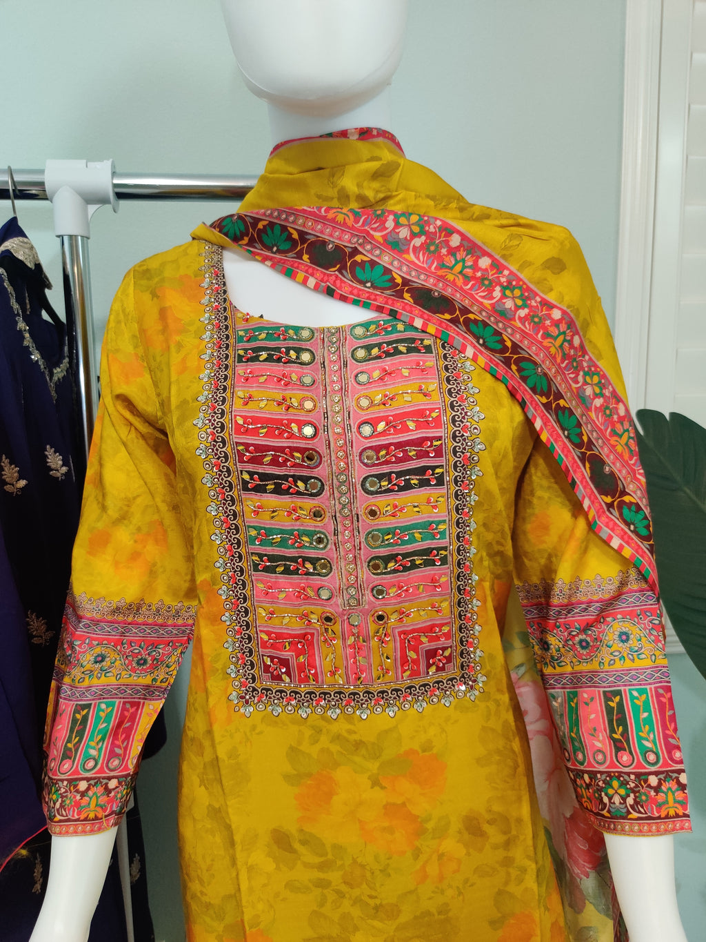 Digital Print Mirror Work Yellow Floral Kurta set