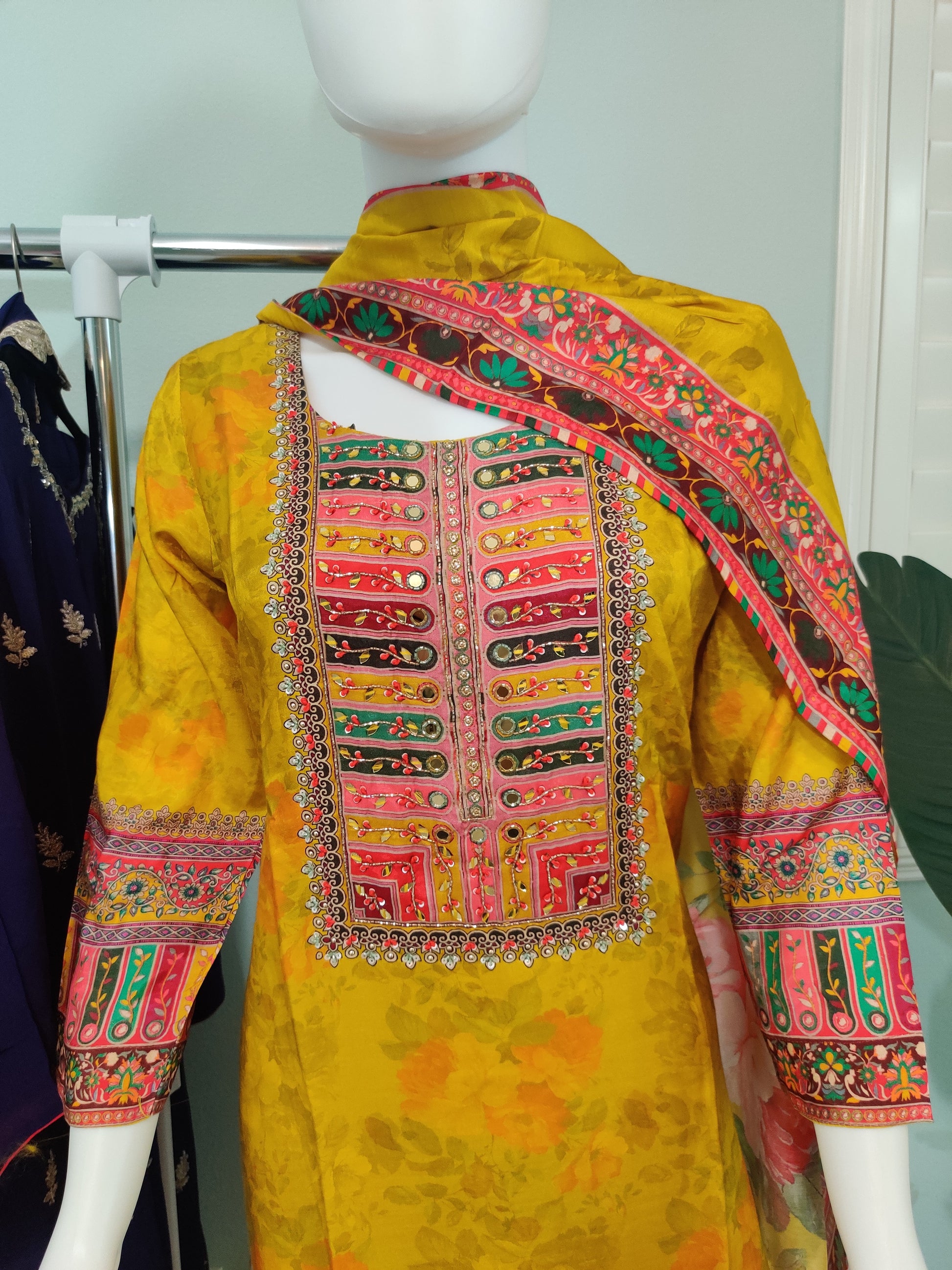 Digital Print Mirror Work Yellow Floral Kurta set