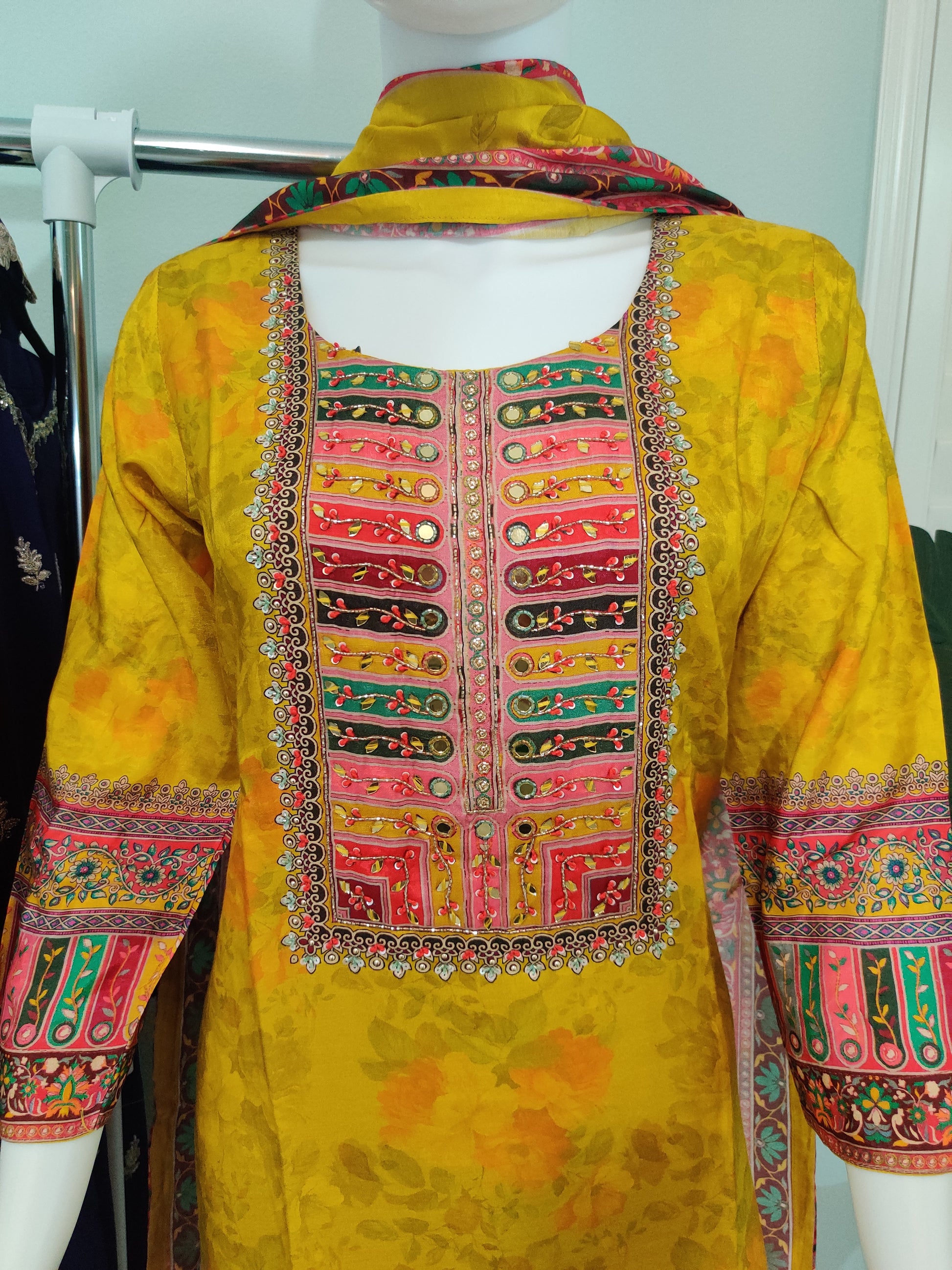 Digital Print Mirror Work Yellow Floral Kurta set