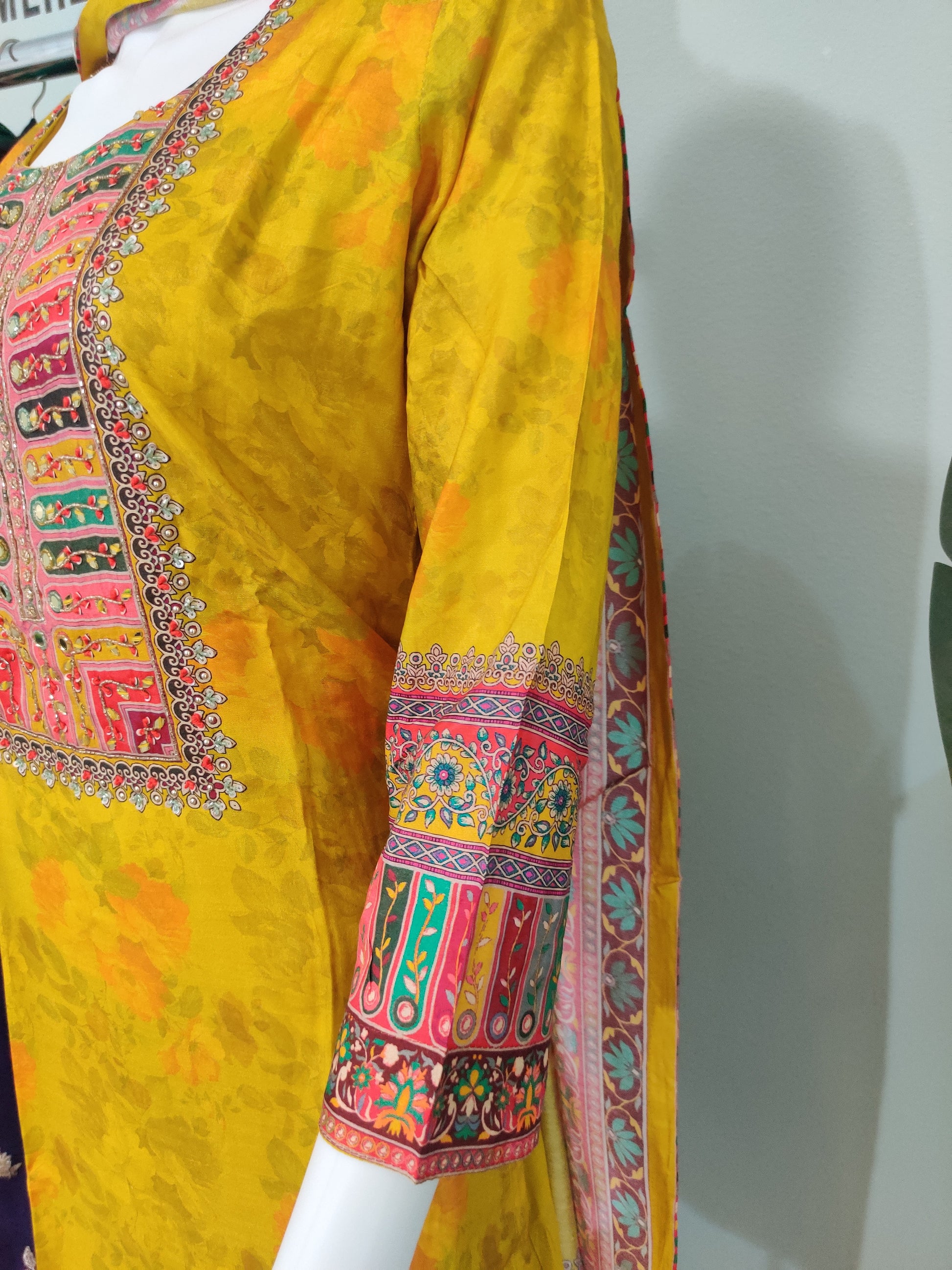 Digital Print Mirror Work Yellow Floral Kurta set