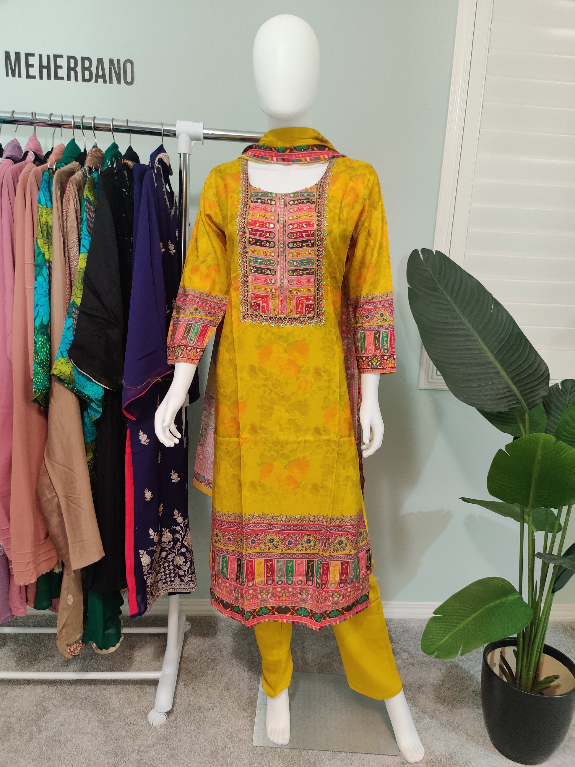Digital Print Mirror Work Yellow Floral Kurta set