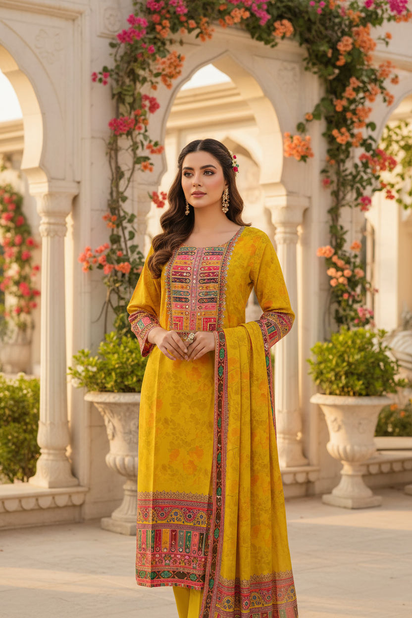 Digital Print Mirror Work Yellow Floral Kurta set