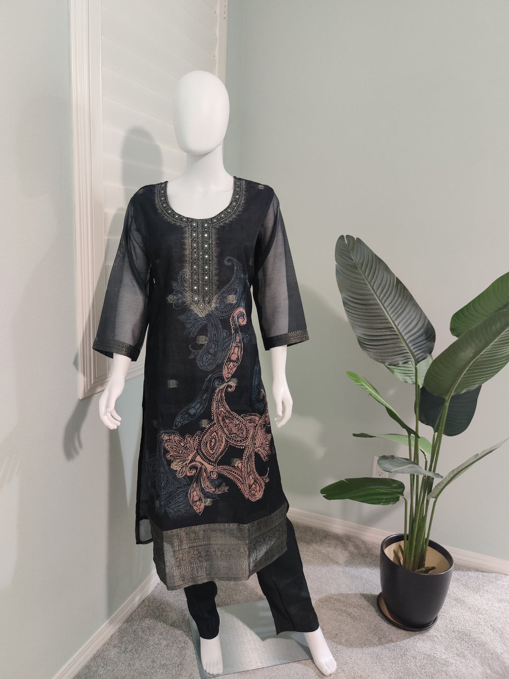 Black Chanderi Silk Kurta Set with Beige Banarasi Dupatta