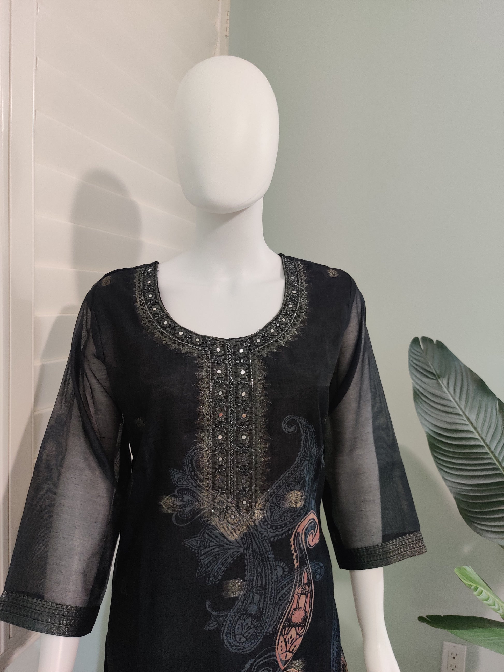 Black Chanderi Silk Kurta Set with Beige Banarasi Dupatta