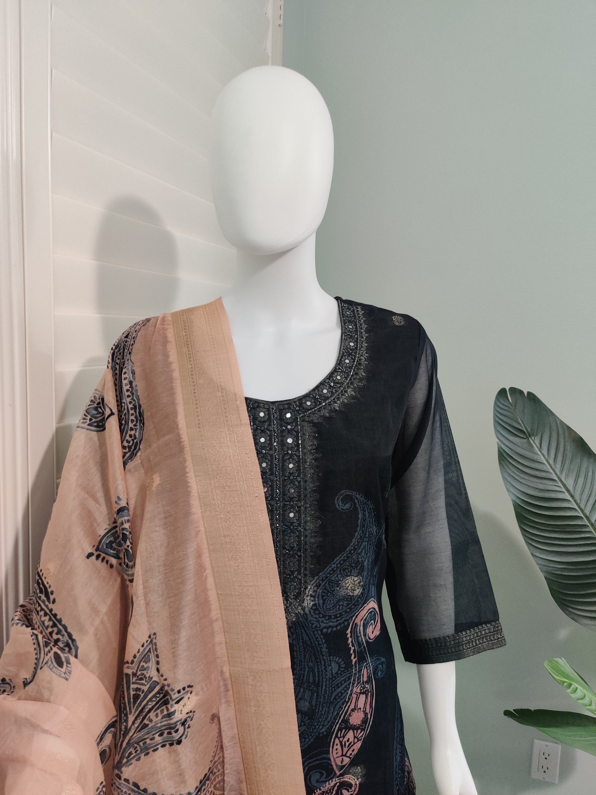 Black Chanderi Silk Kurta Set with Beige Banarasi Dupatta