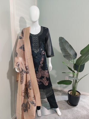 Black Chanderi Silk Kurta Set with Beige Banarasi Dupatta