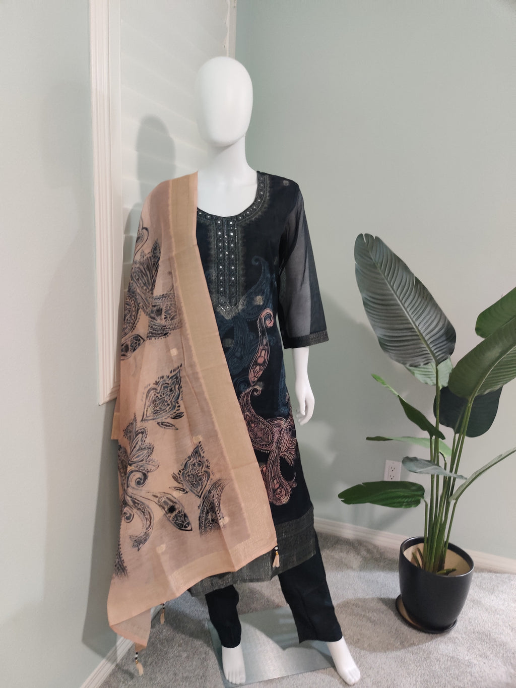 Black Chanderi Silk Kurta Set with Beige Banarasi Dupatta