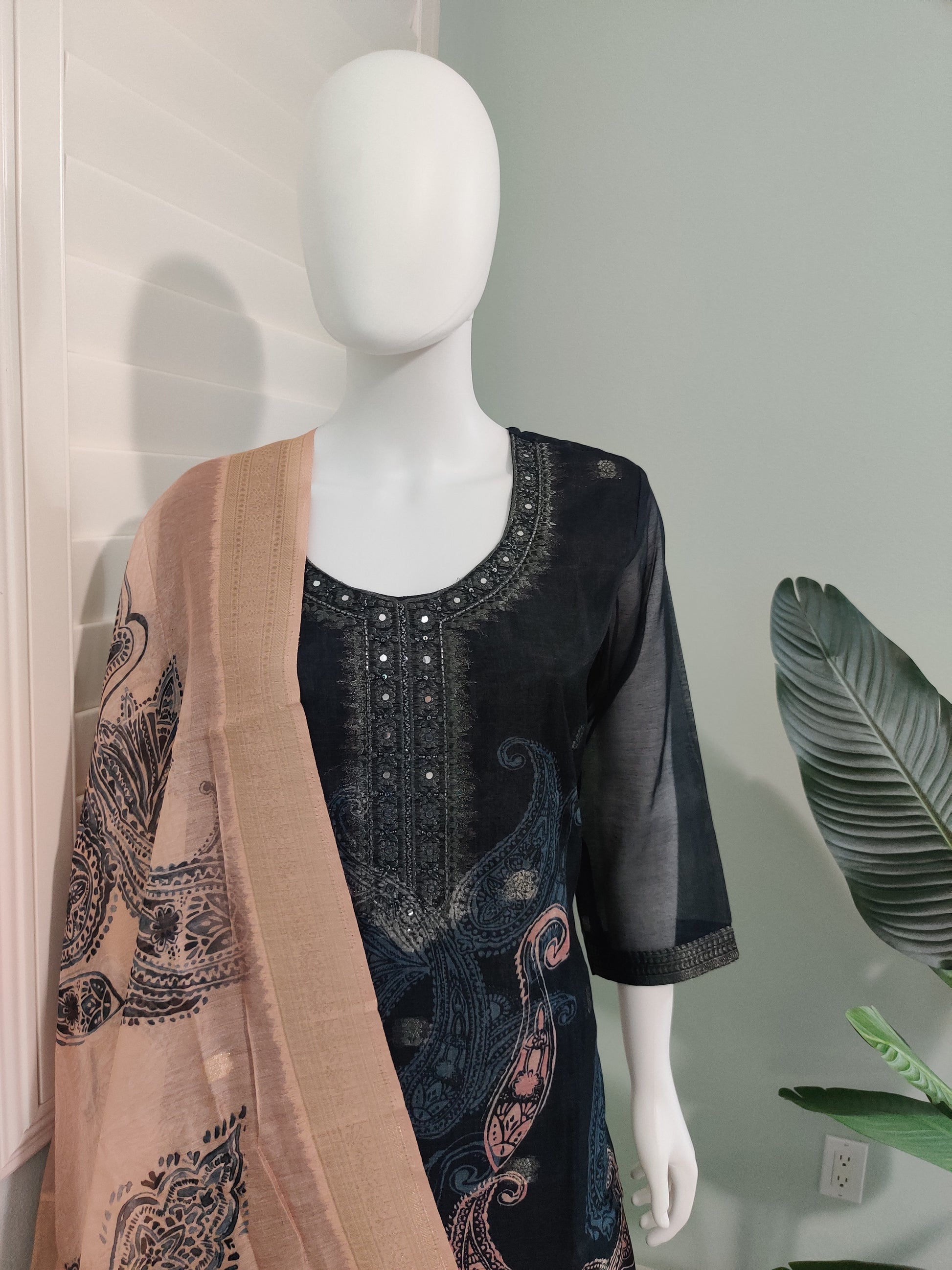 Black Chanderi Silk Kurta Set with Beige Banarasi Dupatta