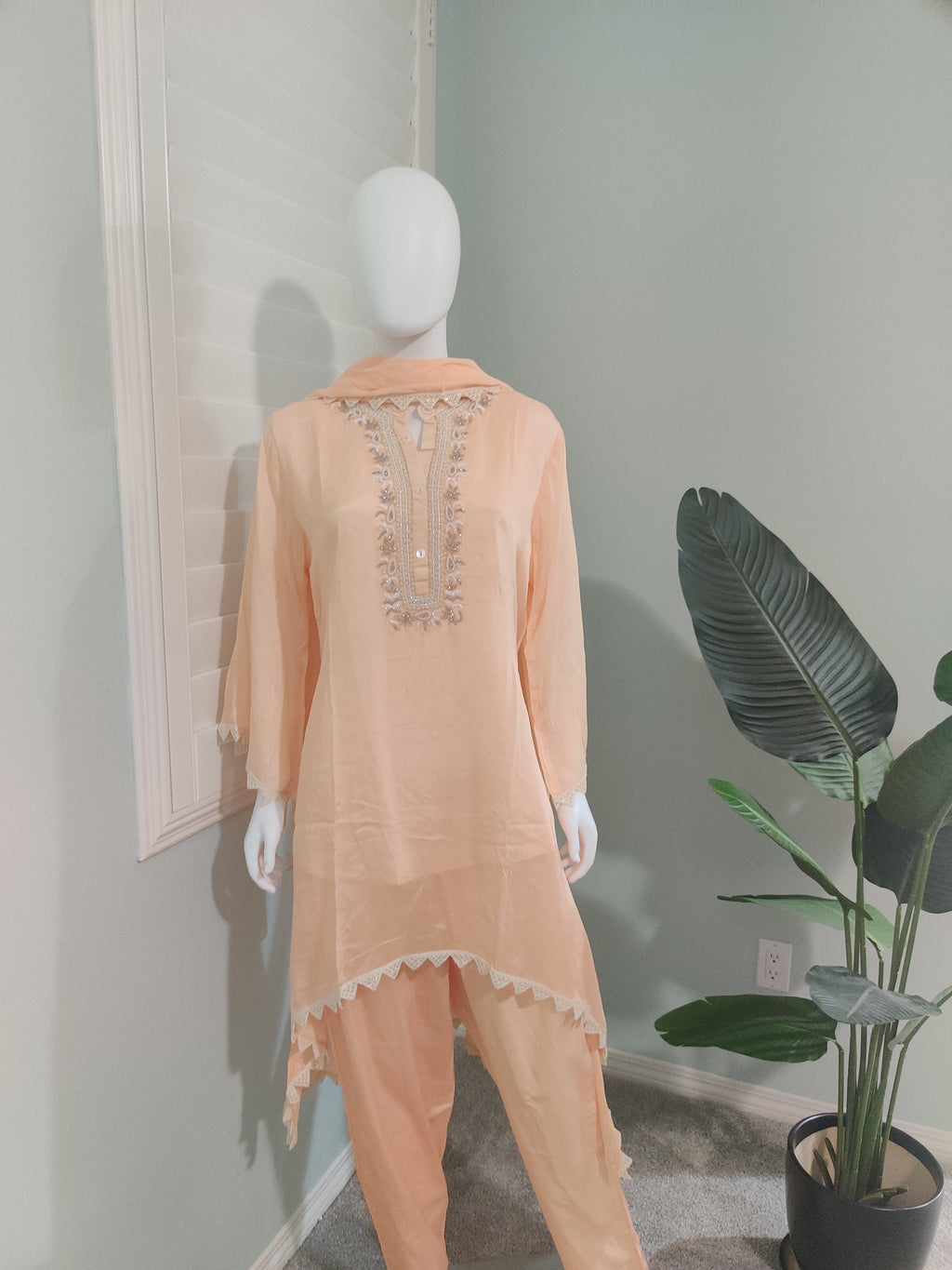 C cut handwork Peach Color Part wear Embroidered Kurta set