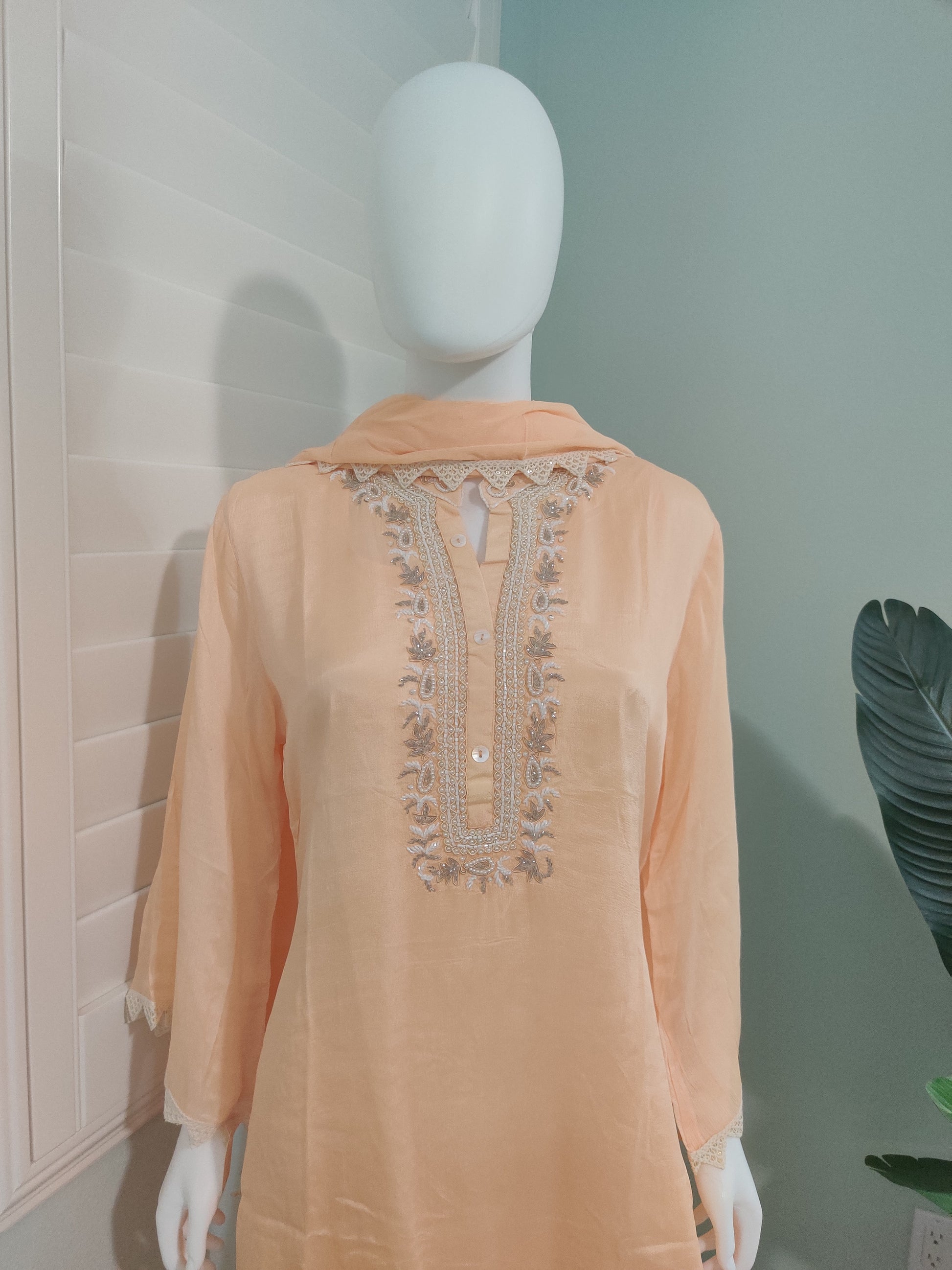C cut handwork Peach Color Part wear Embroidered Kurta set