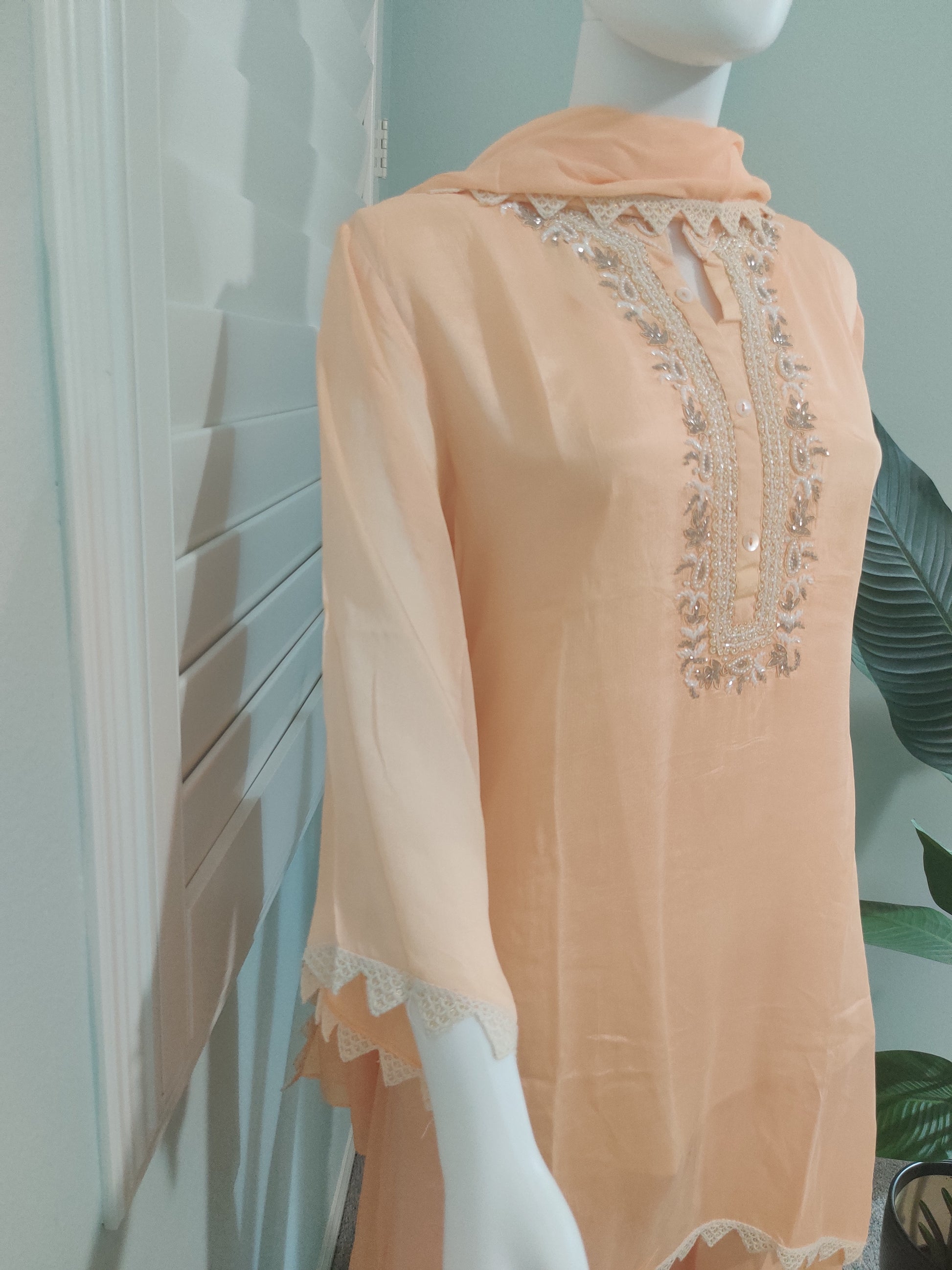 C cut handwork Peach Color Part wear Embroidered Kurta set