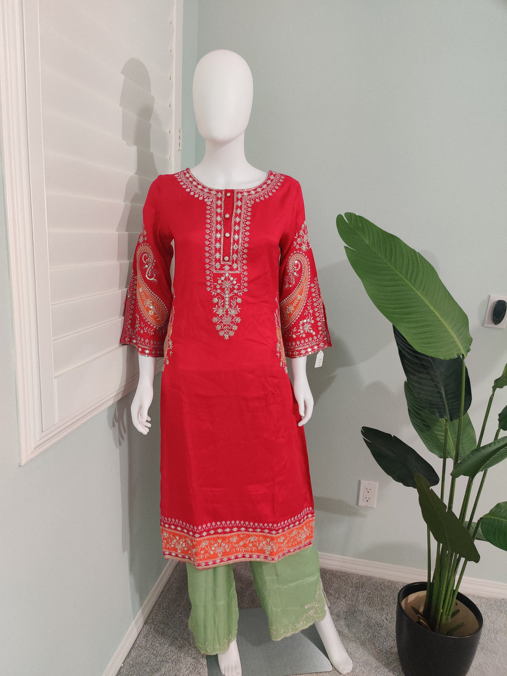 Elegant Rani Pink & Green Embroidered  Plazzo Kurta set