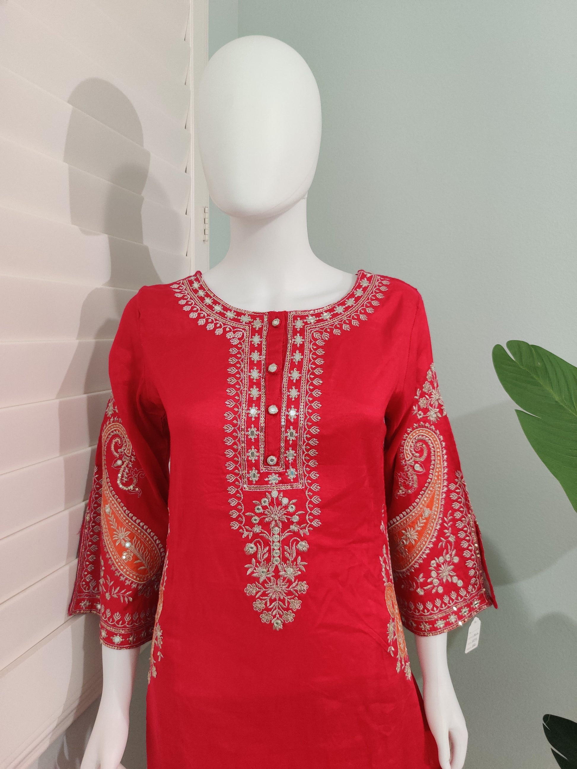 Elegant Rani Pink & Green Embroidered  Plazzo Kurta set