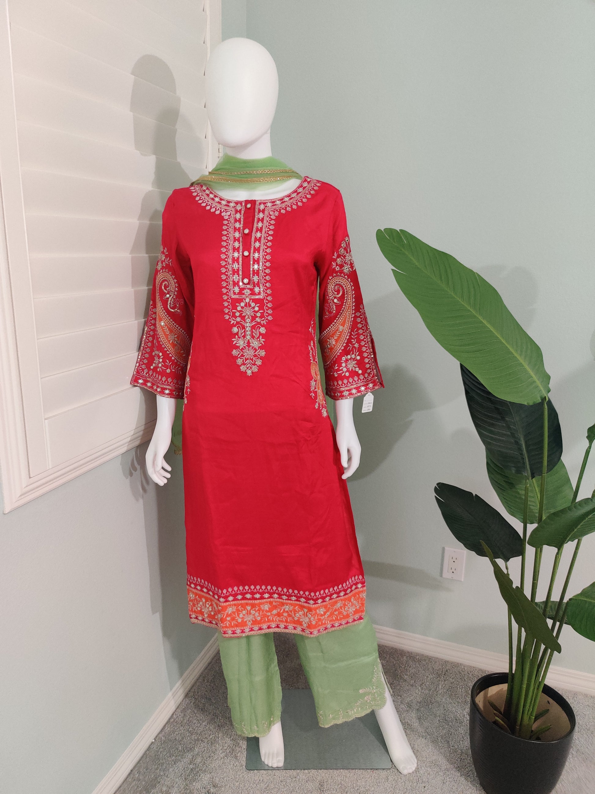 Elegant Rani Pink & Green Embroidered  Plazzo Kurta set