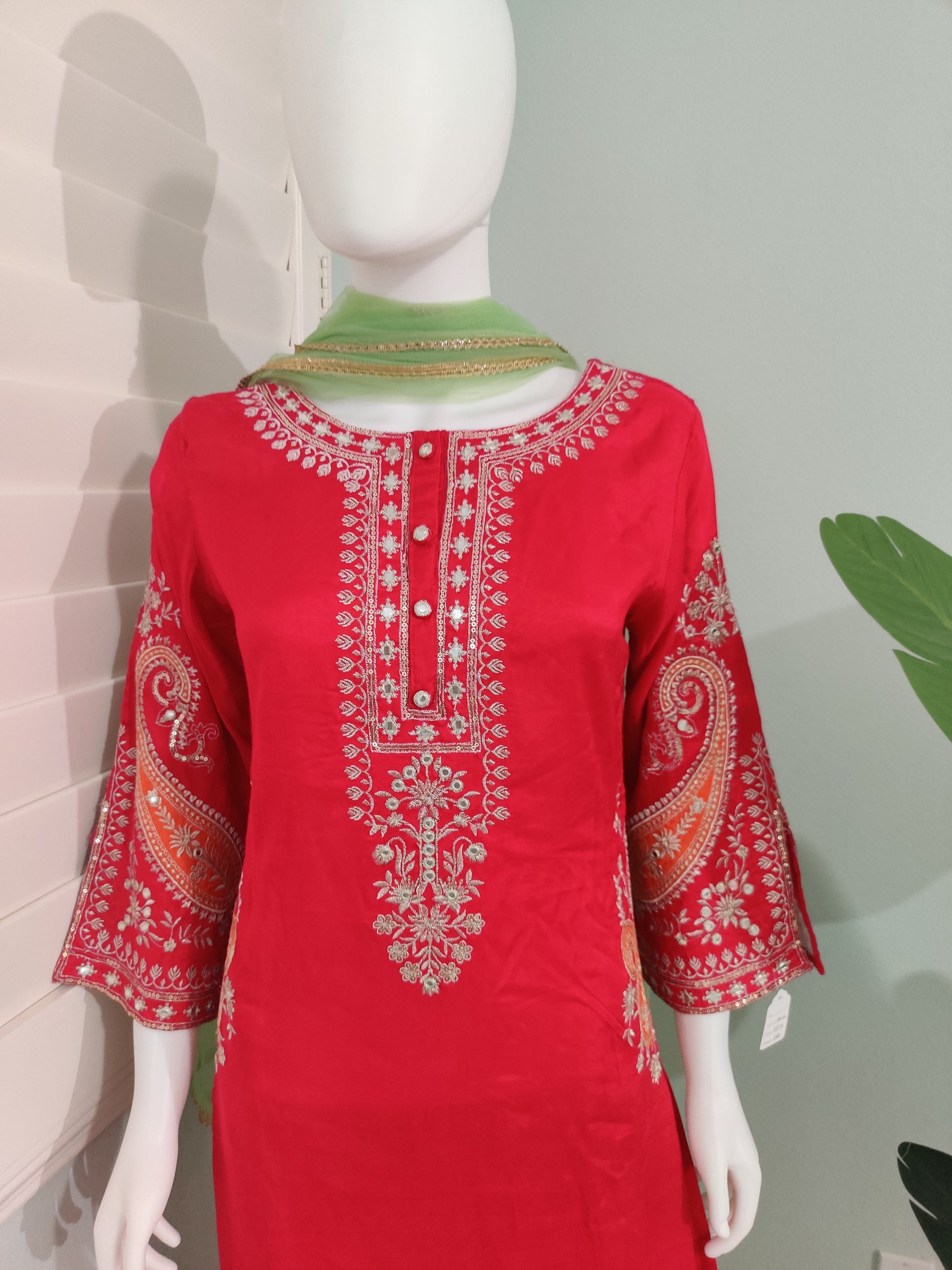 Elegant Rani Pink & Green Embroidered  Plazzo Kurta set