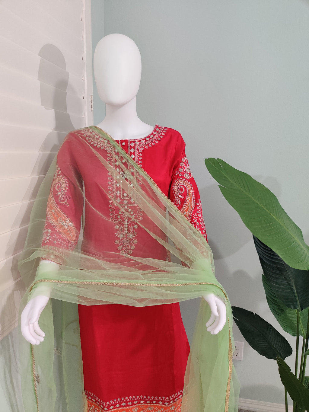 Elegant Rani Pink & Green Embroidered  Plazzo Kurta set