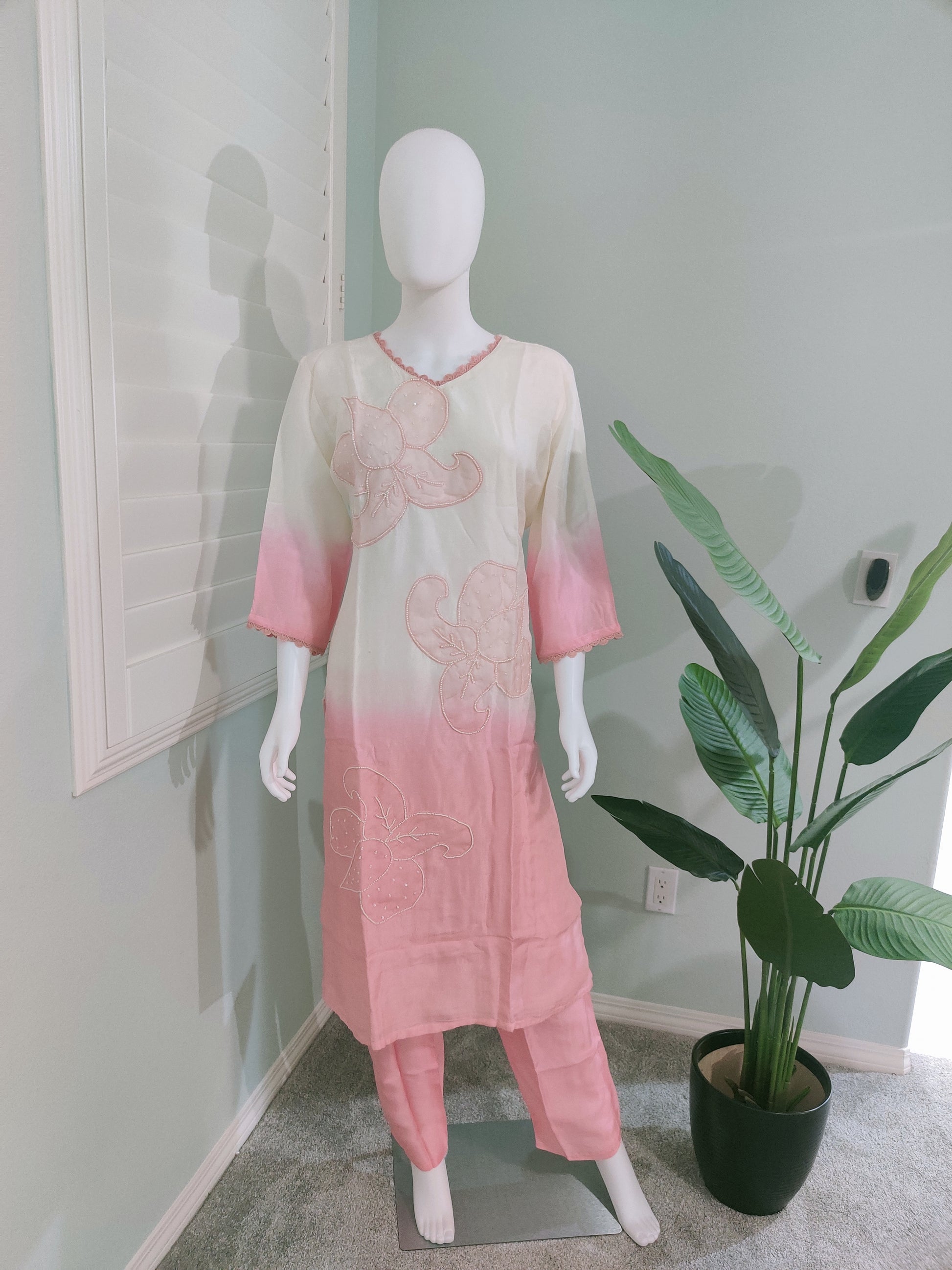 Off white and Pink Pastel Ombre Muslin Silk Suit