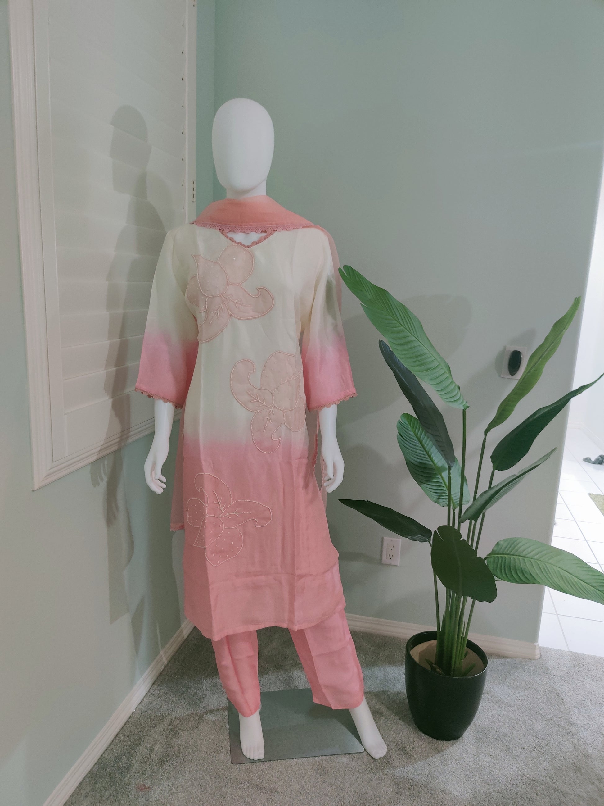 Off white and Pink Pastel Ombre Muslin Silk Suit