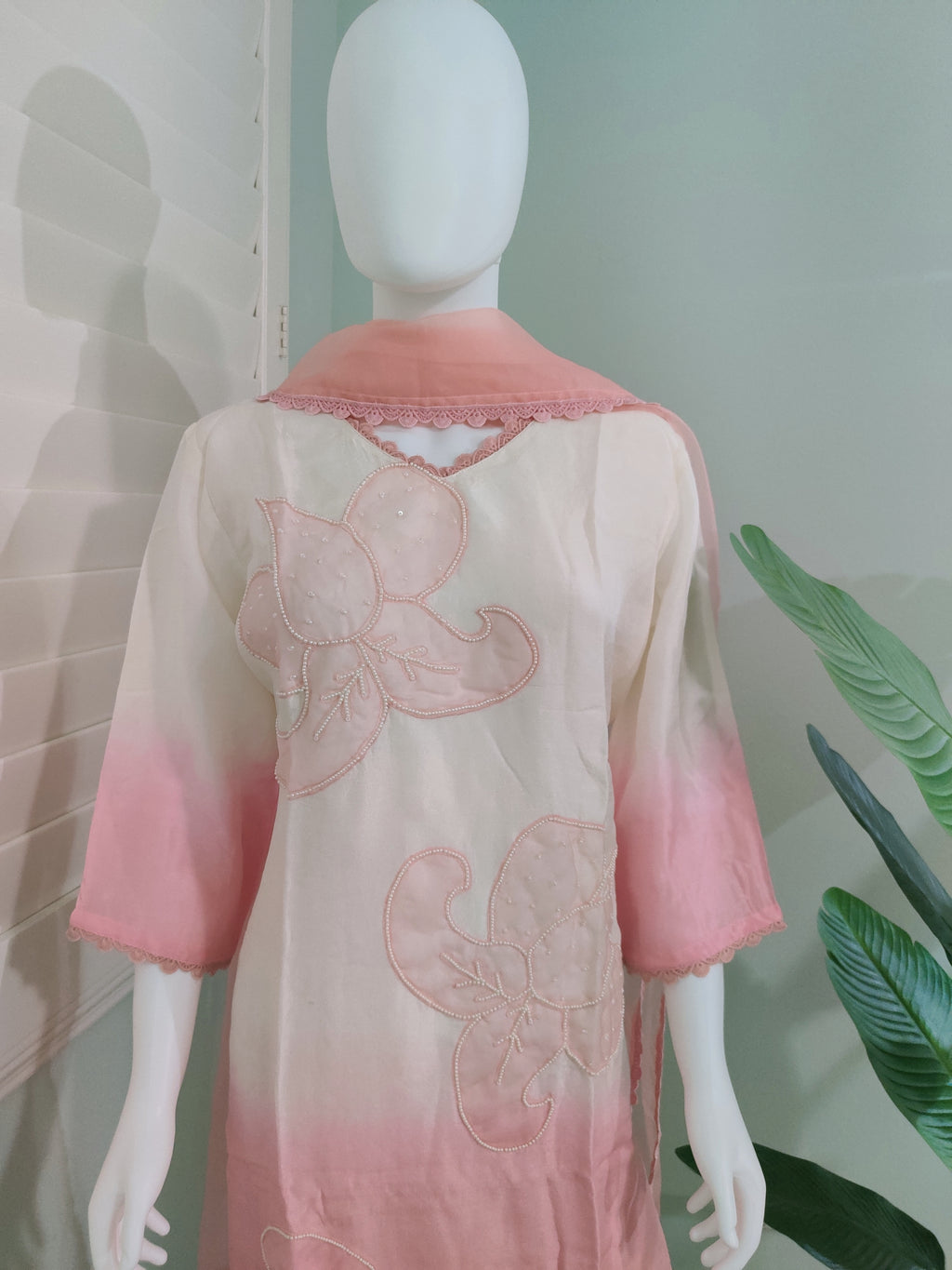 Off white and Pink Pastel Ombre Muslin Silk Suit