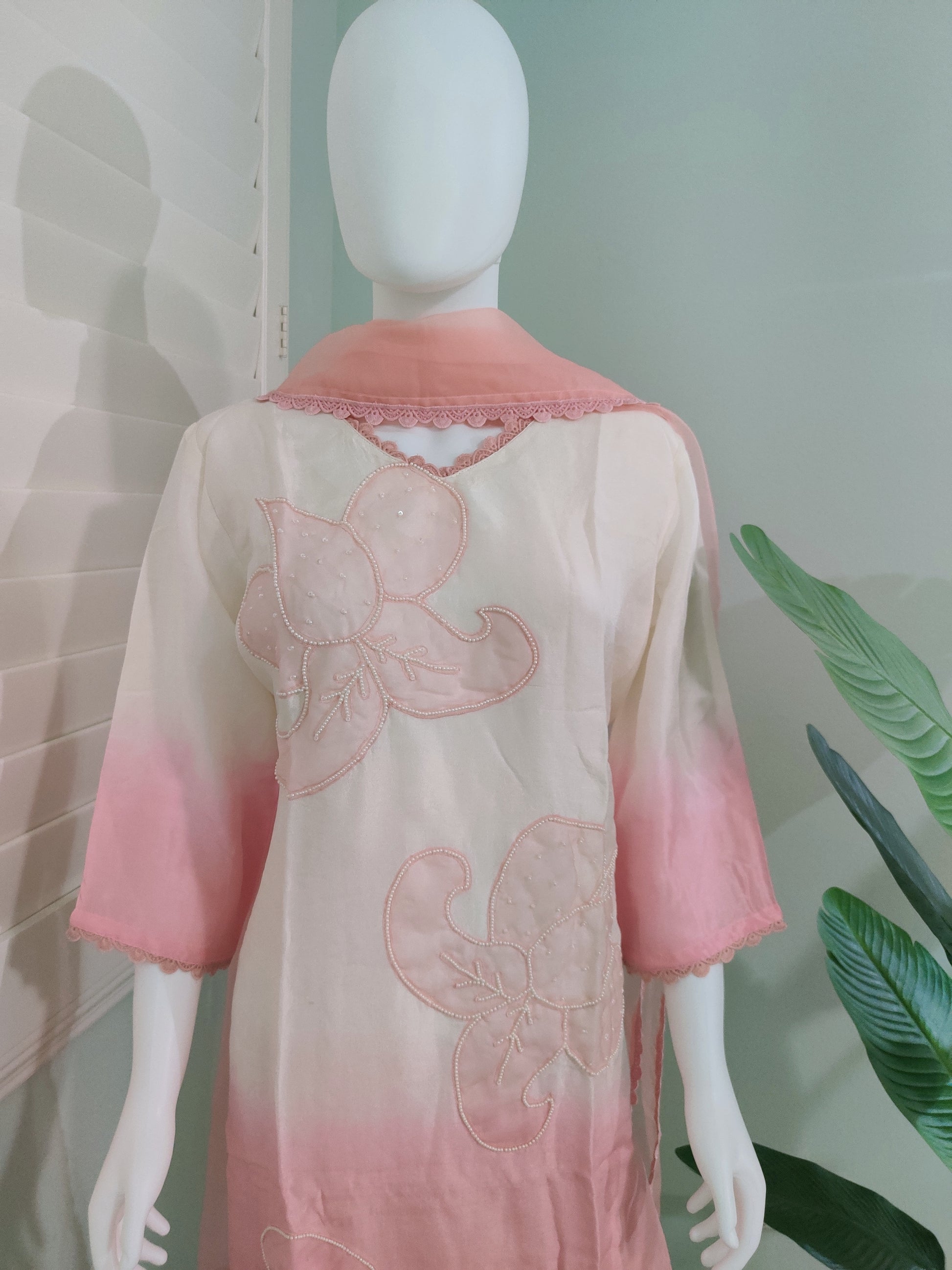 Off white and Pink Pastel Ombre Muslin Silk Suit