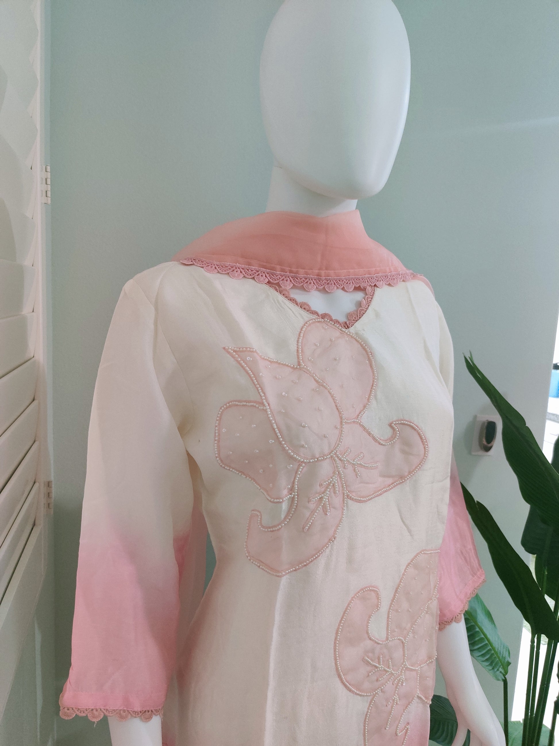 Off white and Pink Pastel Ombre Muslin Silk Suit