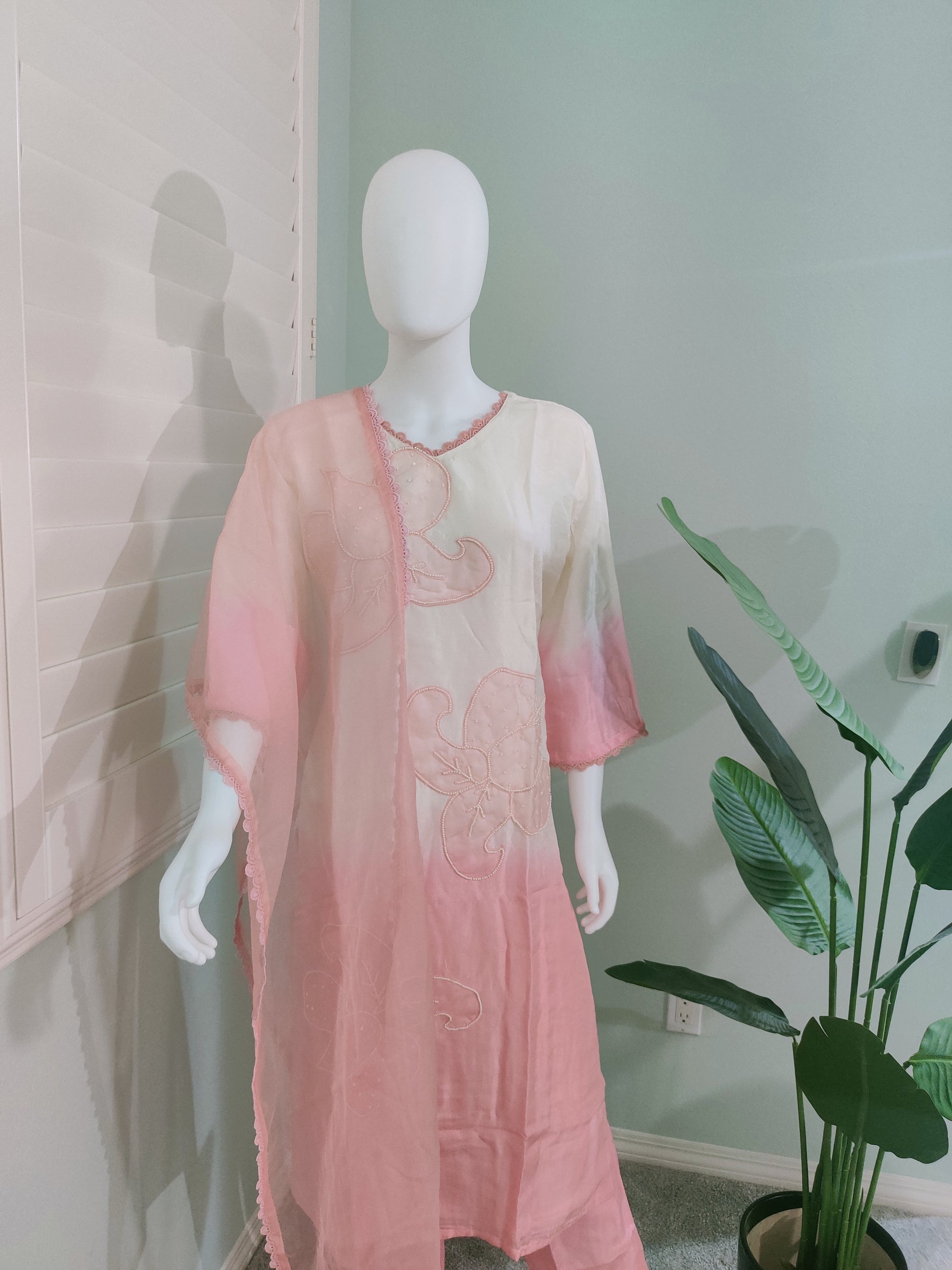 Off white and Pink Pastel Ombre Muslin Silk Suit