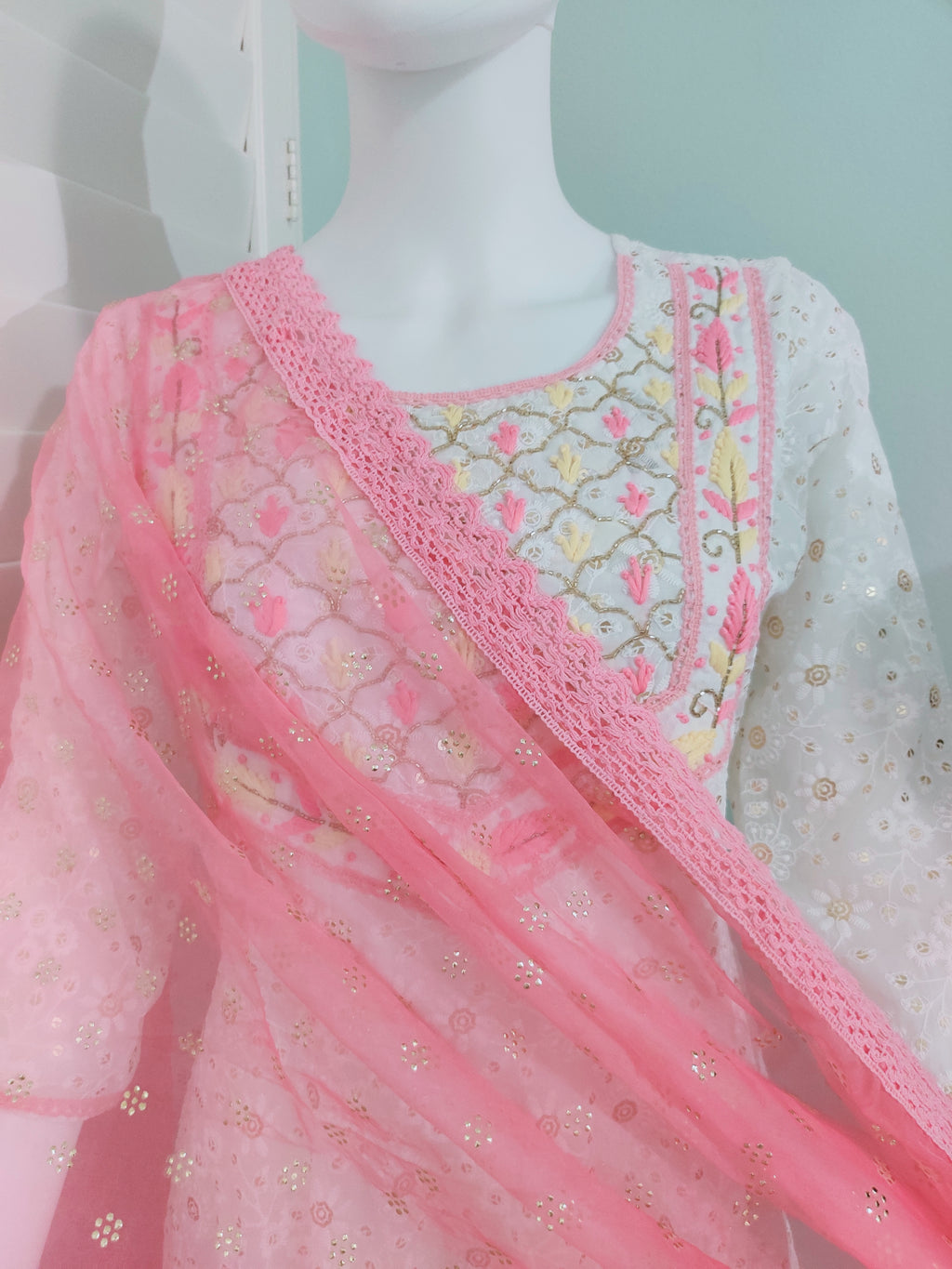 White Chikankari Anarkali Kurta Set