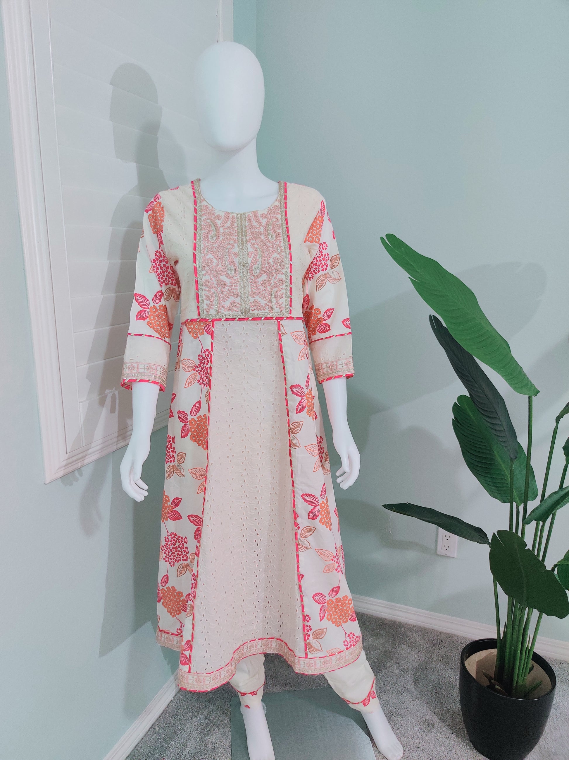 Off-White Chikankari A-Line Printed Kurta Set