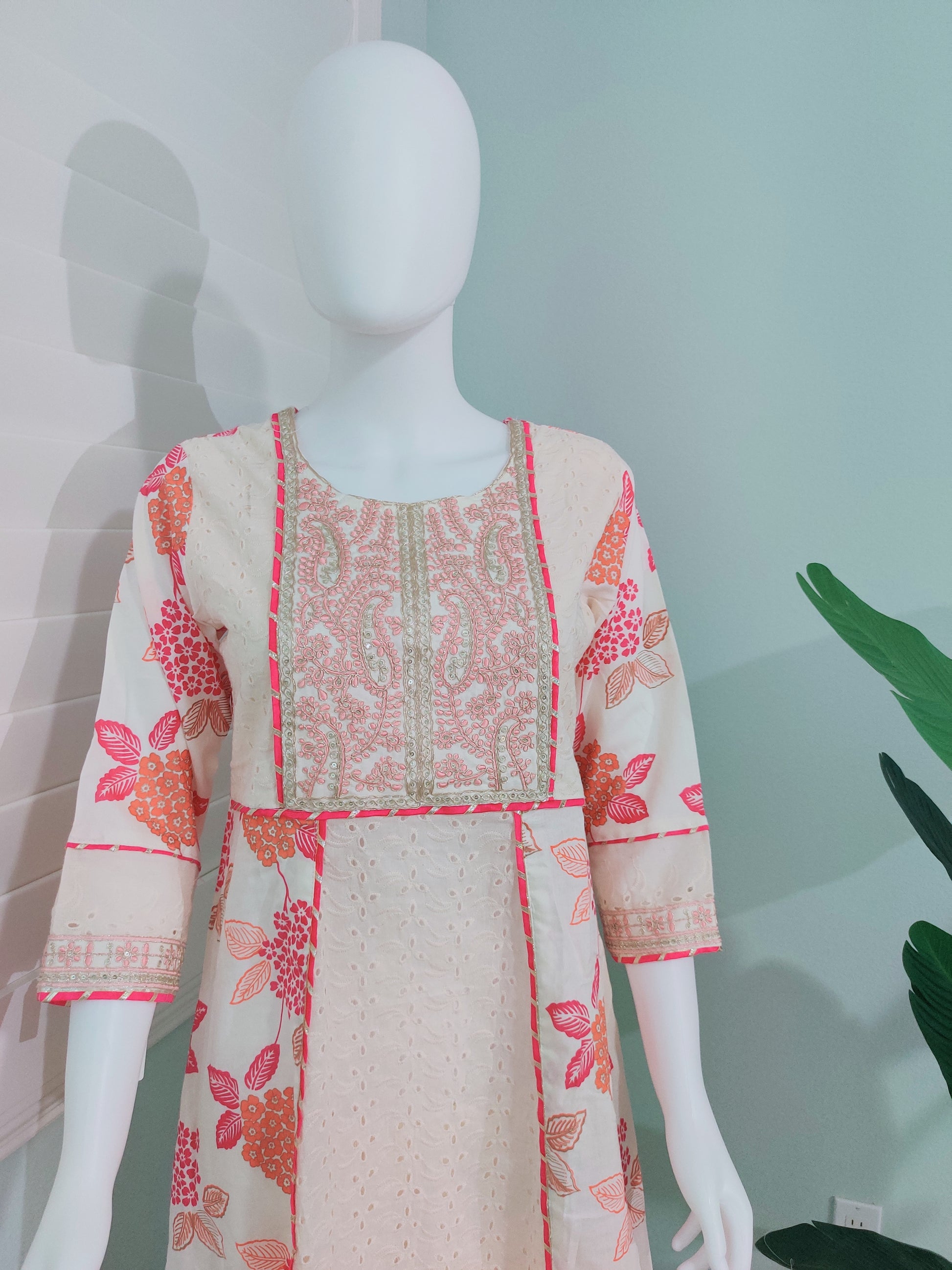 Off-White Chikankari A-Line Printed Kurta Set