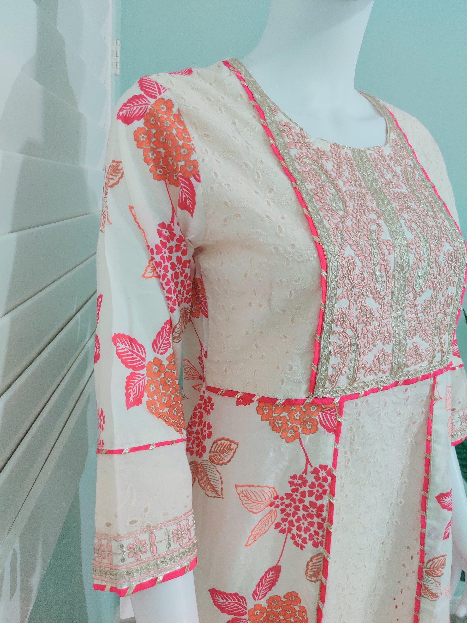 Off-White Chikankari A-Line Printed Kurta Set