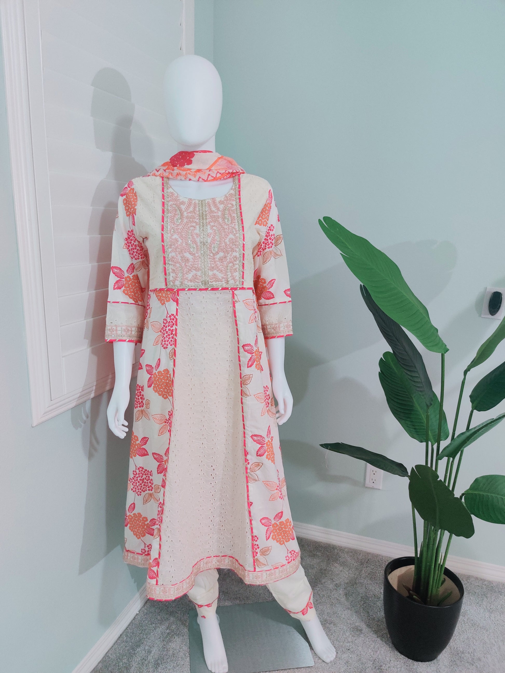 Off-White Chikankari A-Line Printed Kurta Set